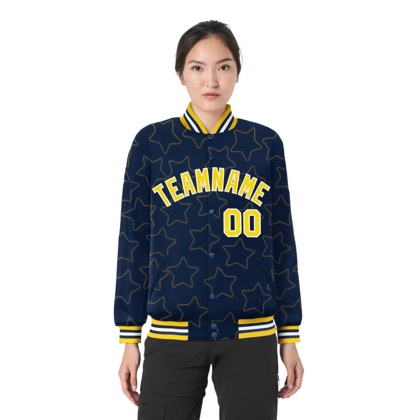Custom Navy Gold-White Varsity Full-Snap Star Pattern Letterman Baseball Jacket
