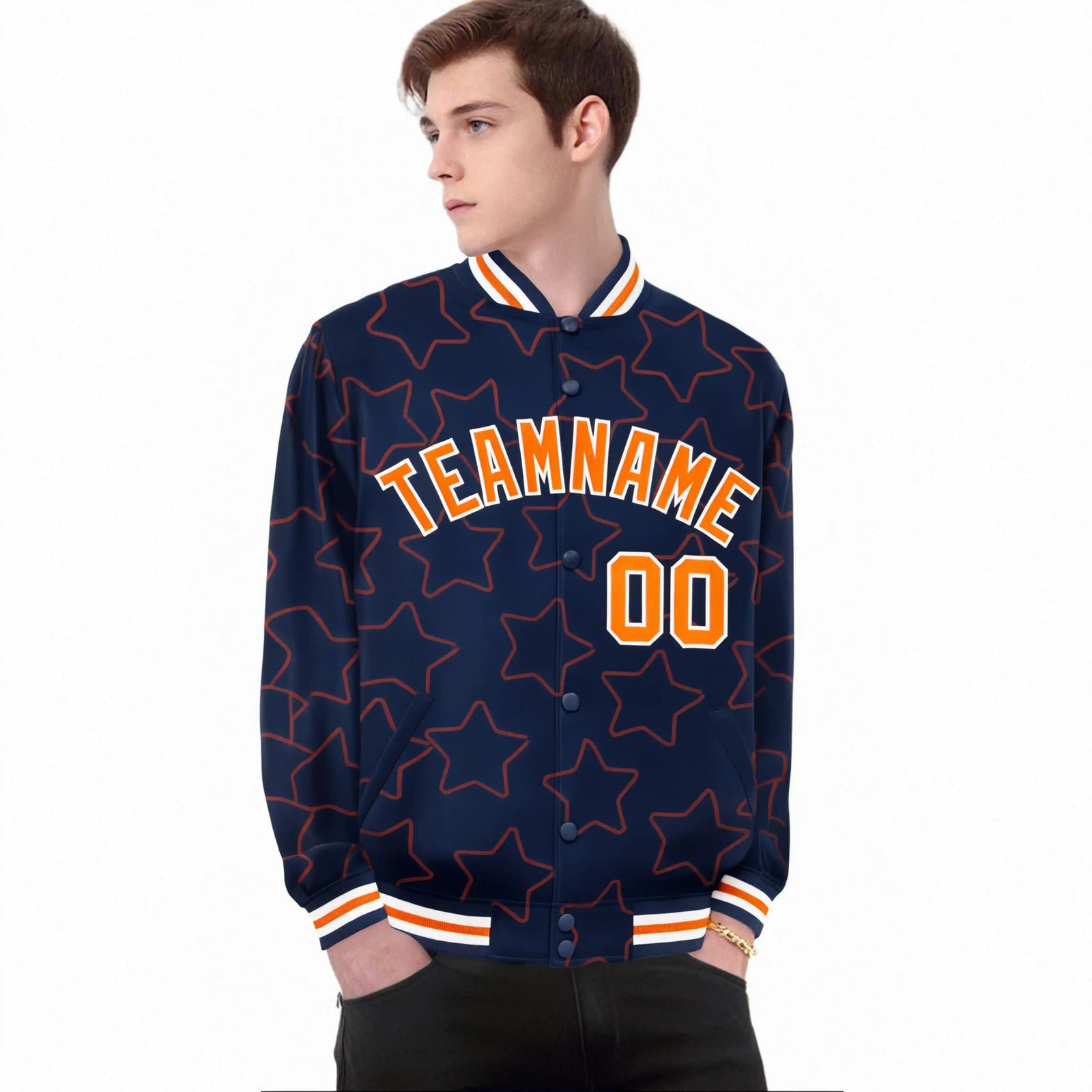 Custom Navy Orange-White Varsity Full-Snap Star Pattern Letterman Baseball Jacket