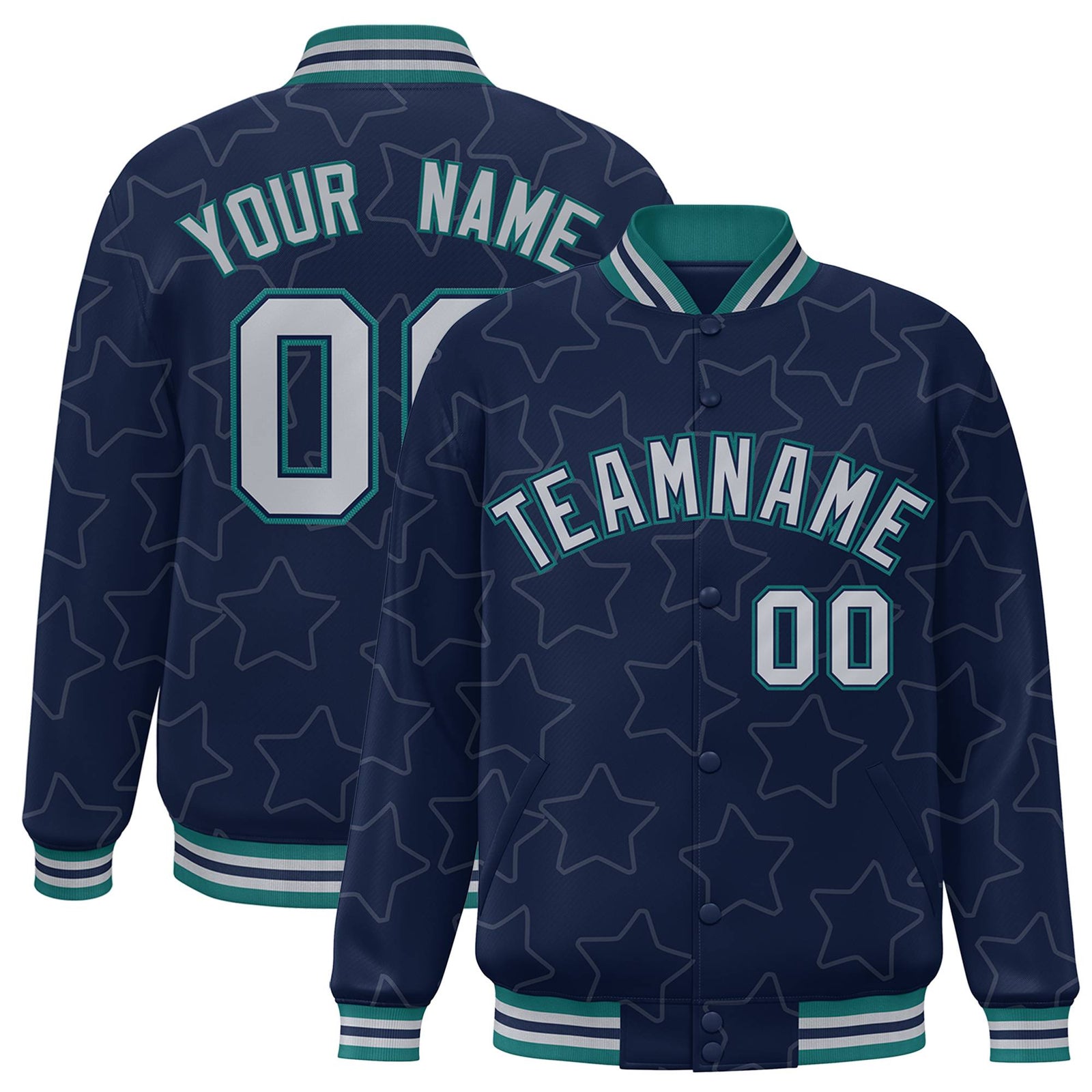Custom Navy Gray-Teal Varsity Full-Snap Star Pattern Letterman Baseball Jacket