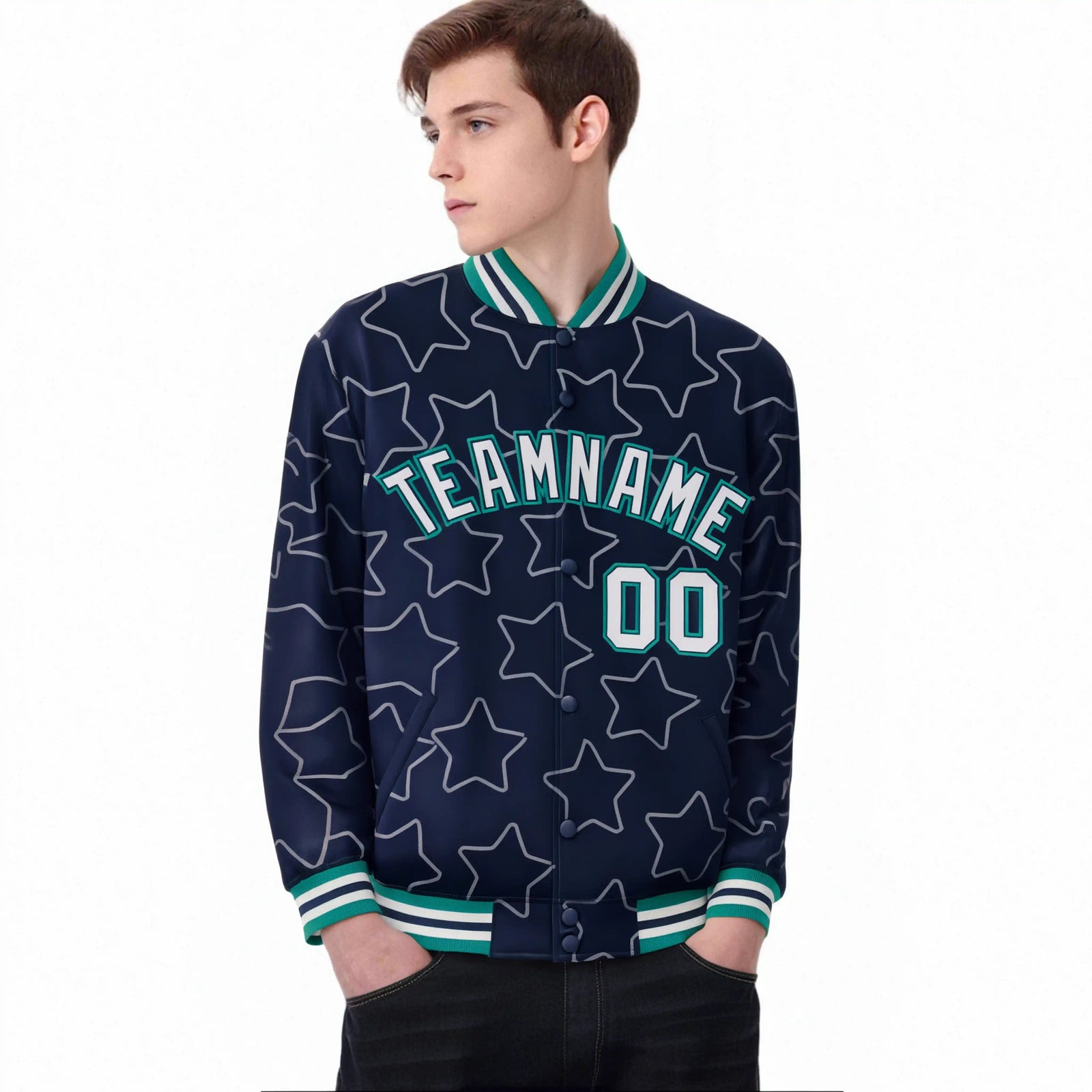 Custom Navy Gray-Teal Varsity Full-Snap Star Pattern Letterman Baseball Jacket