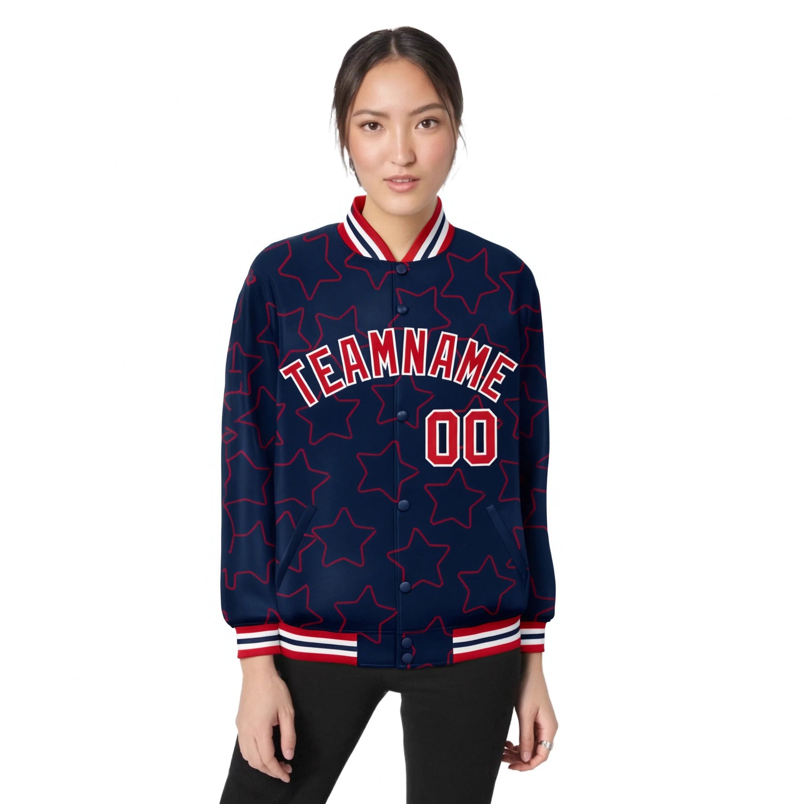 Custom Navy Gray-Teal Varsity Full-Snap Star Pattern Letterman Baseball Jacket