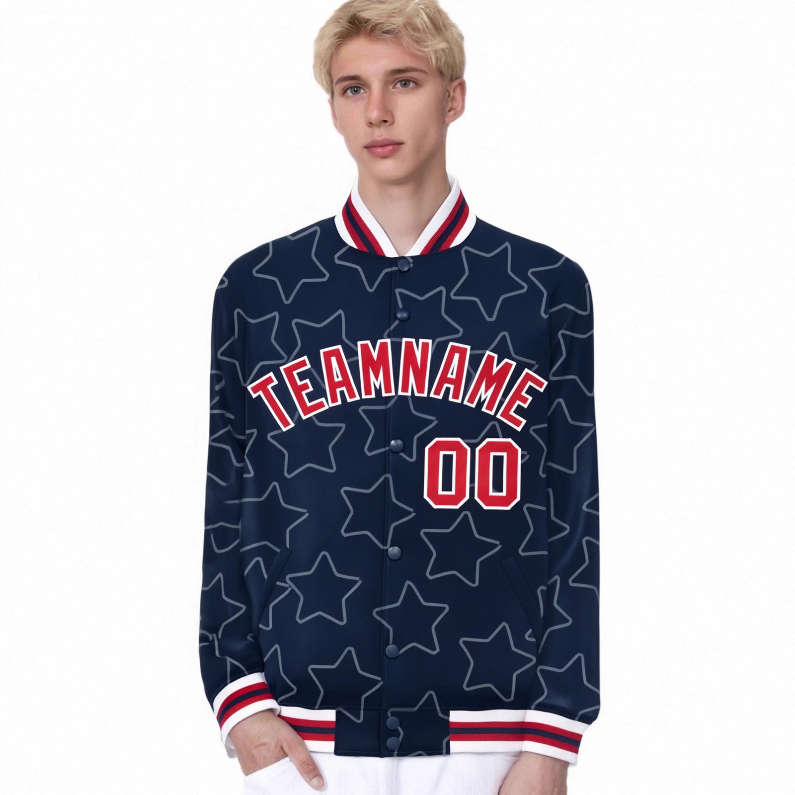 Custom Navy Red-White Varsity Full-Snap Star Pattern Letterman Baseball Jacket