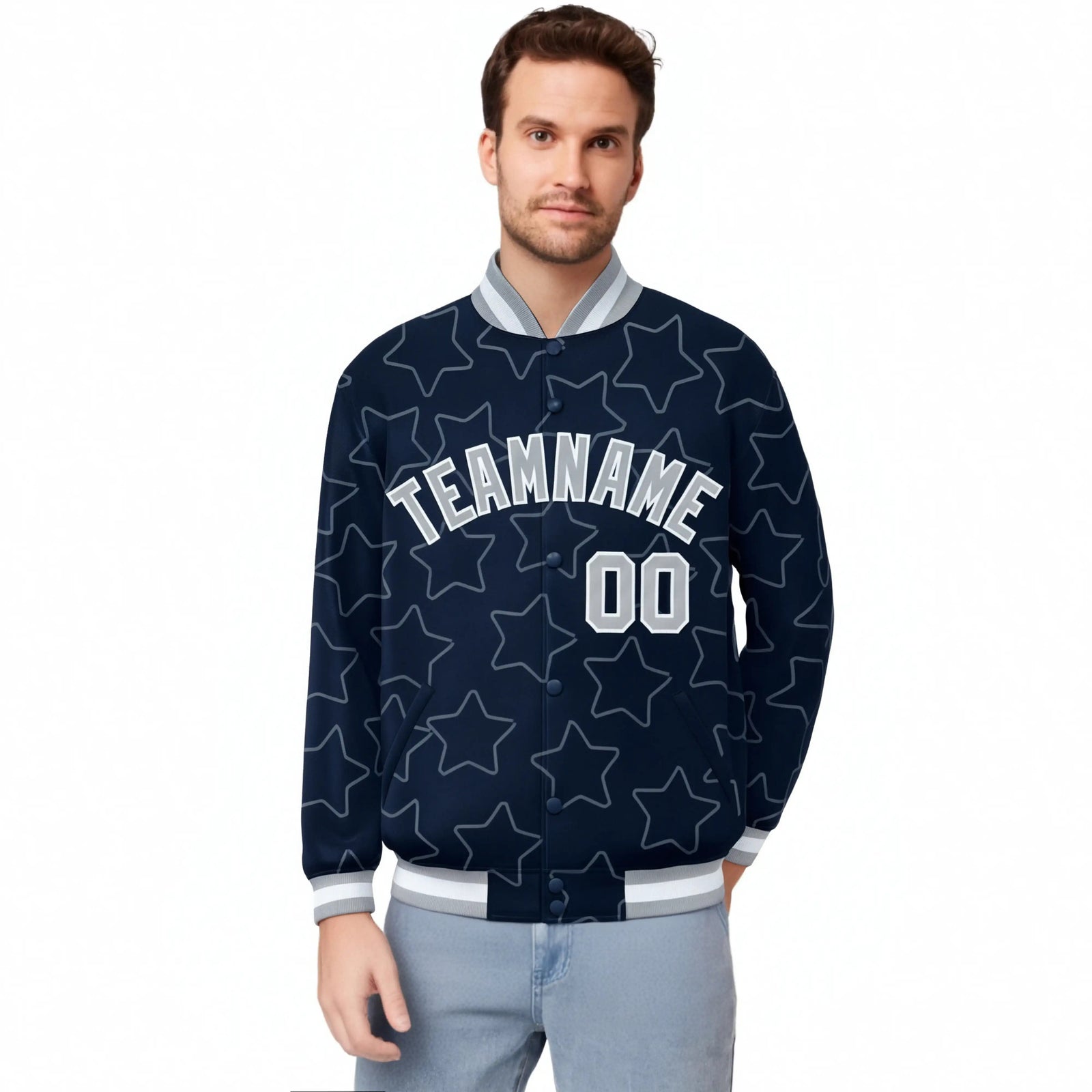 Custom Navy Gray-White Varsity Full-Snap Star Pattern Letterman Baseball Jacket