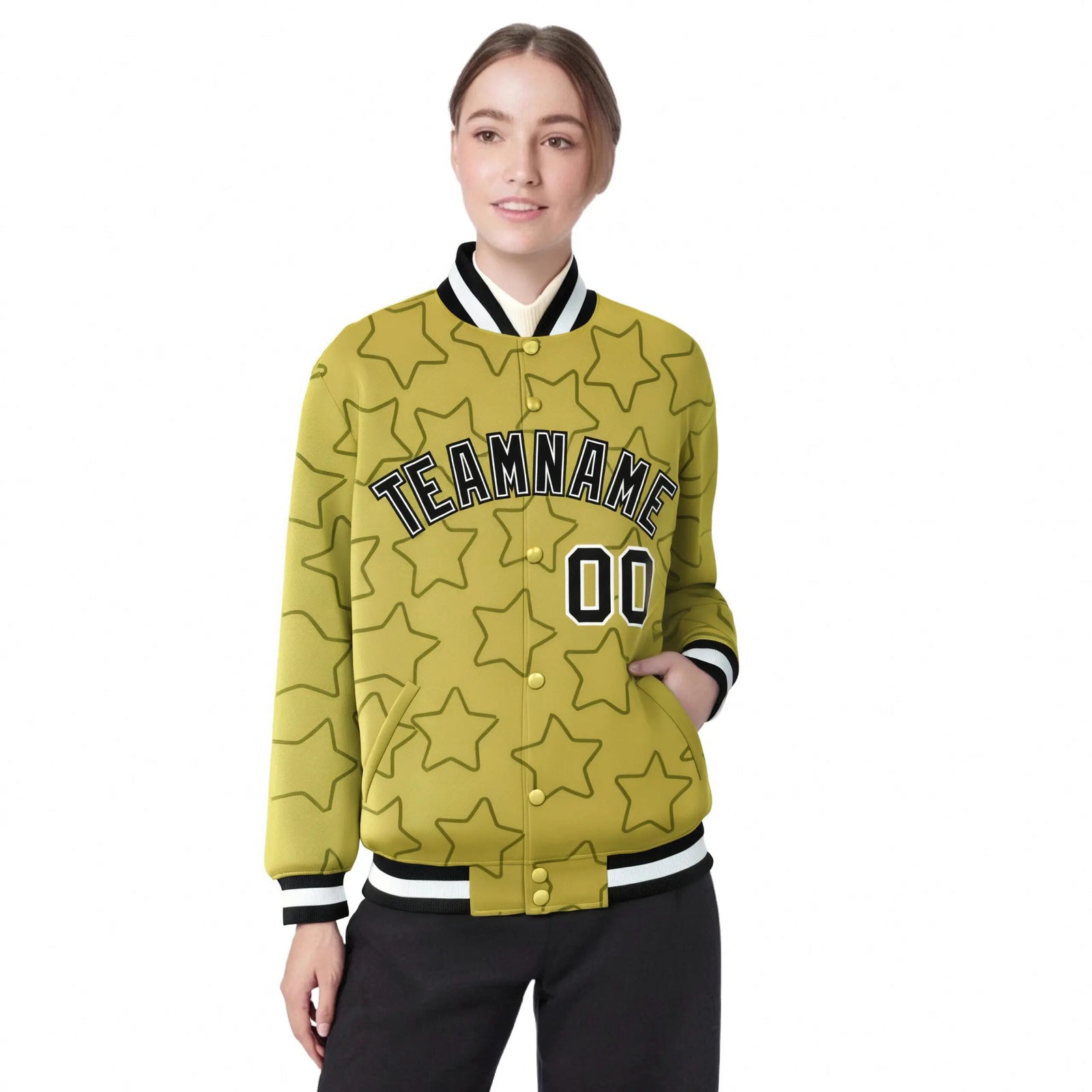 Custom Old Gold Black-White Varsity Full-Snap Star Pattern Letterman Baseball Jacket