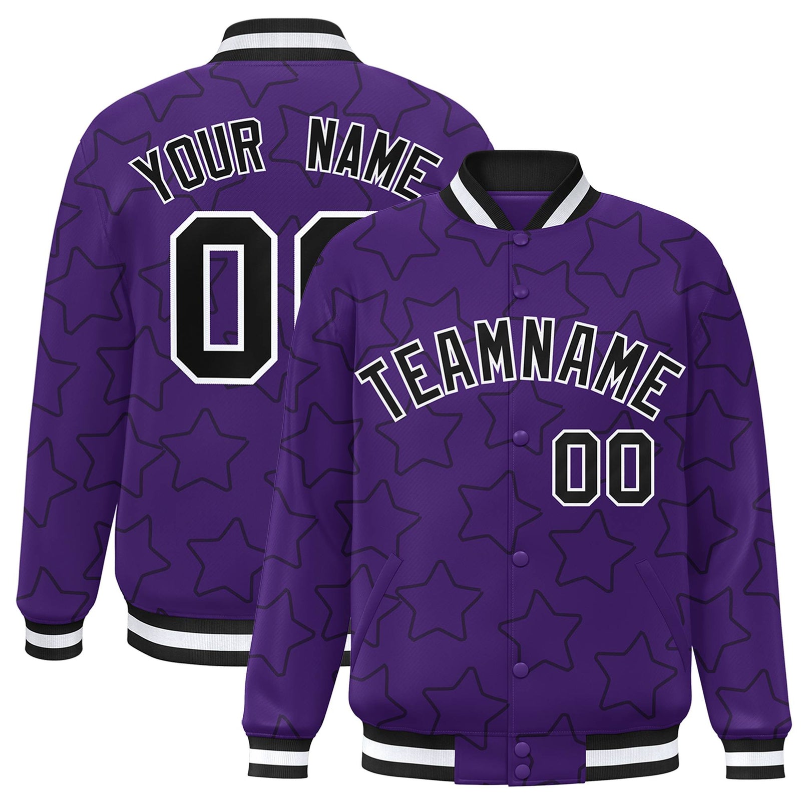 Custom Purple Black-White Varsity Full-Snap Star Pattern Letterman Baseball Jacket