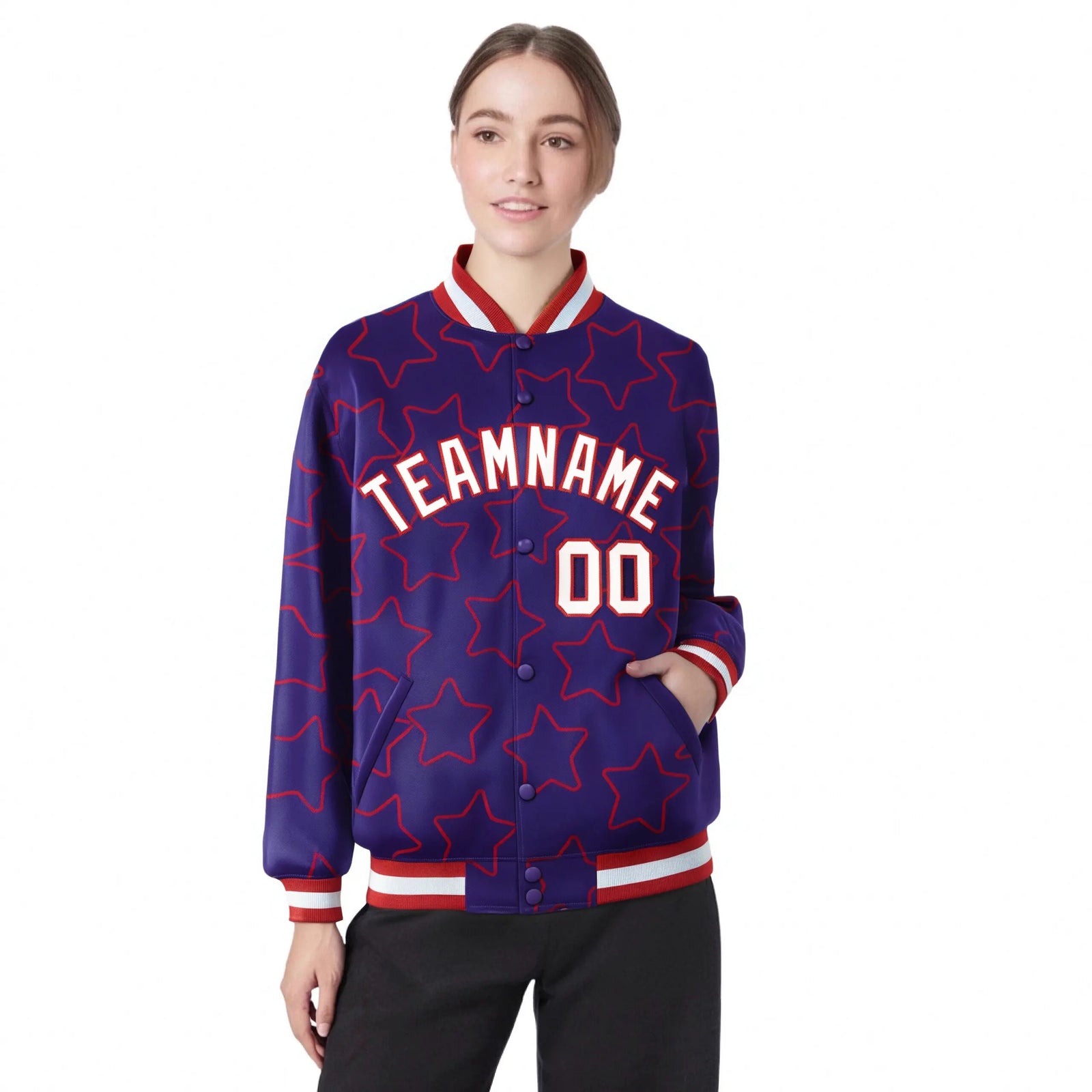 Custom Purple White-Red Varsity Full-Snap Star Pattern Letterman Baseball Jacket
