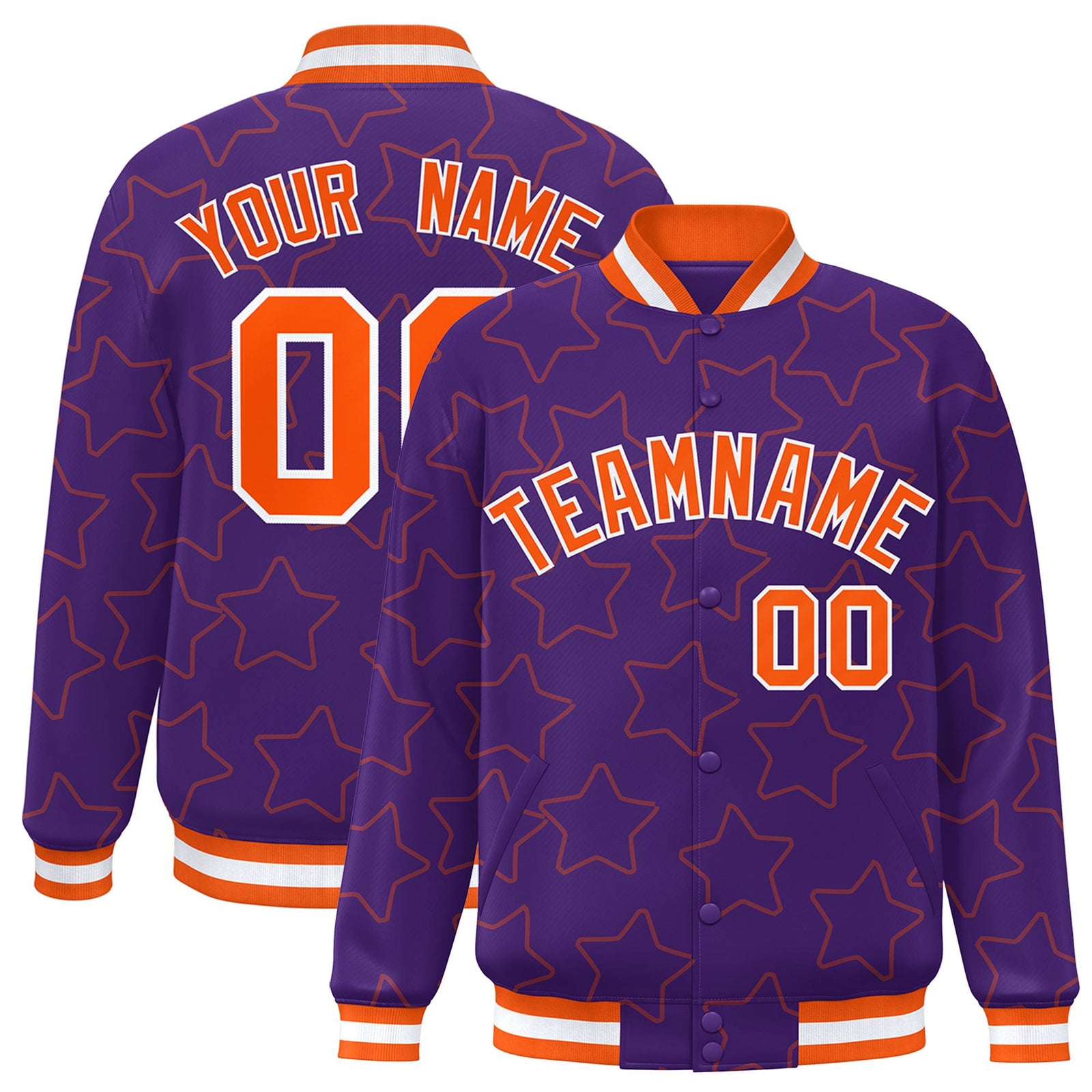 Custom Purple Orange-White Varsity Full-Snap Star Pattern Letterman Baseball Jacket