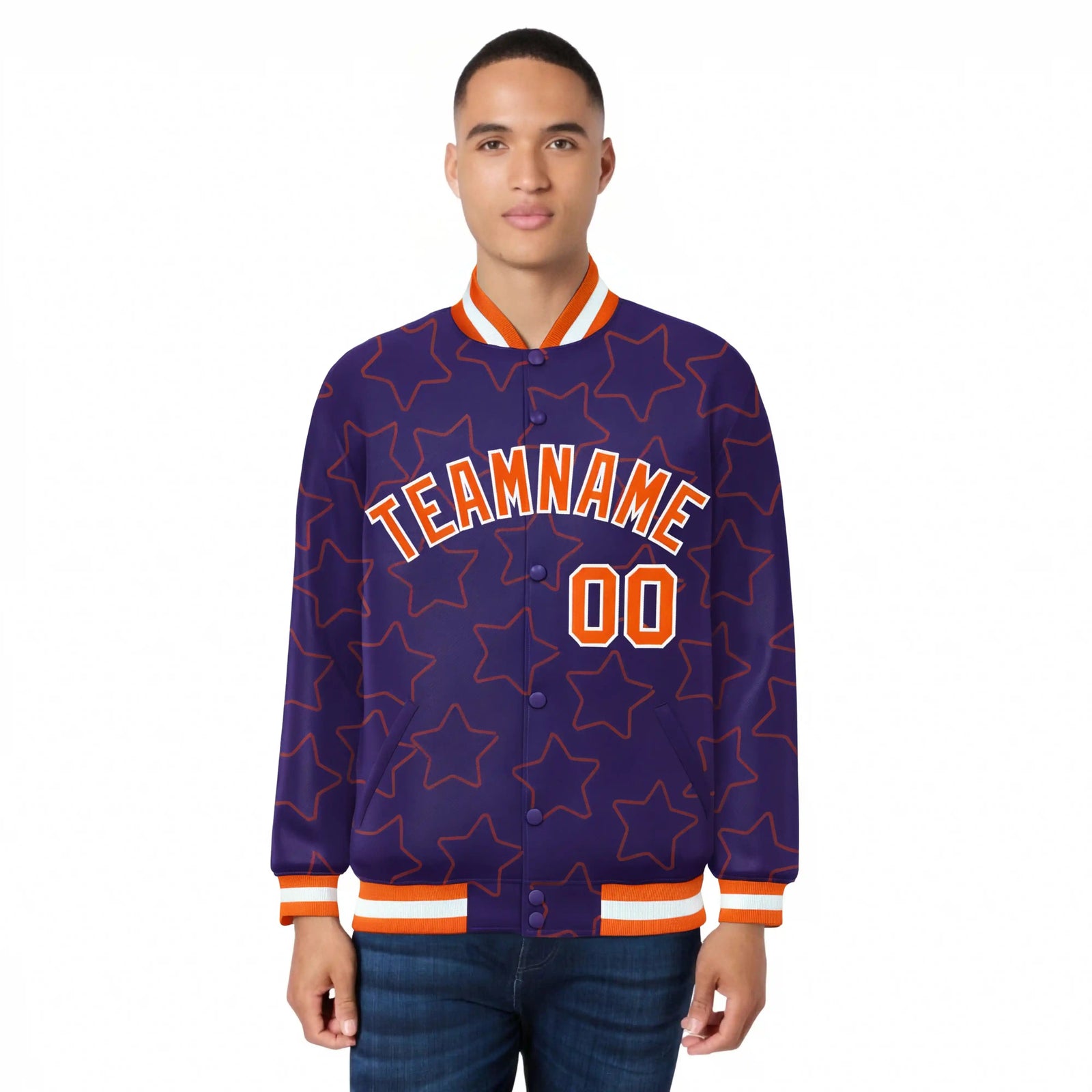 Custom Purple Orange-White Varsity Full-Snap Star Pattern Letterman Baseball Jacket