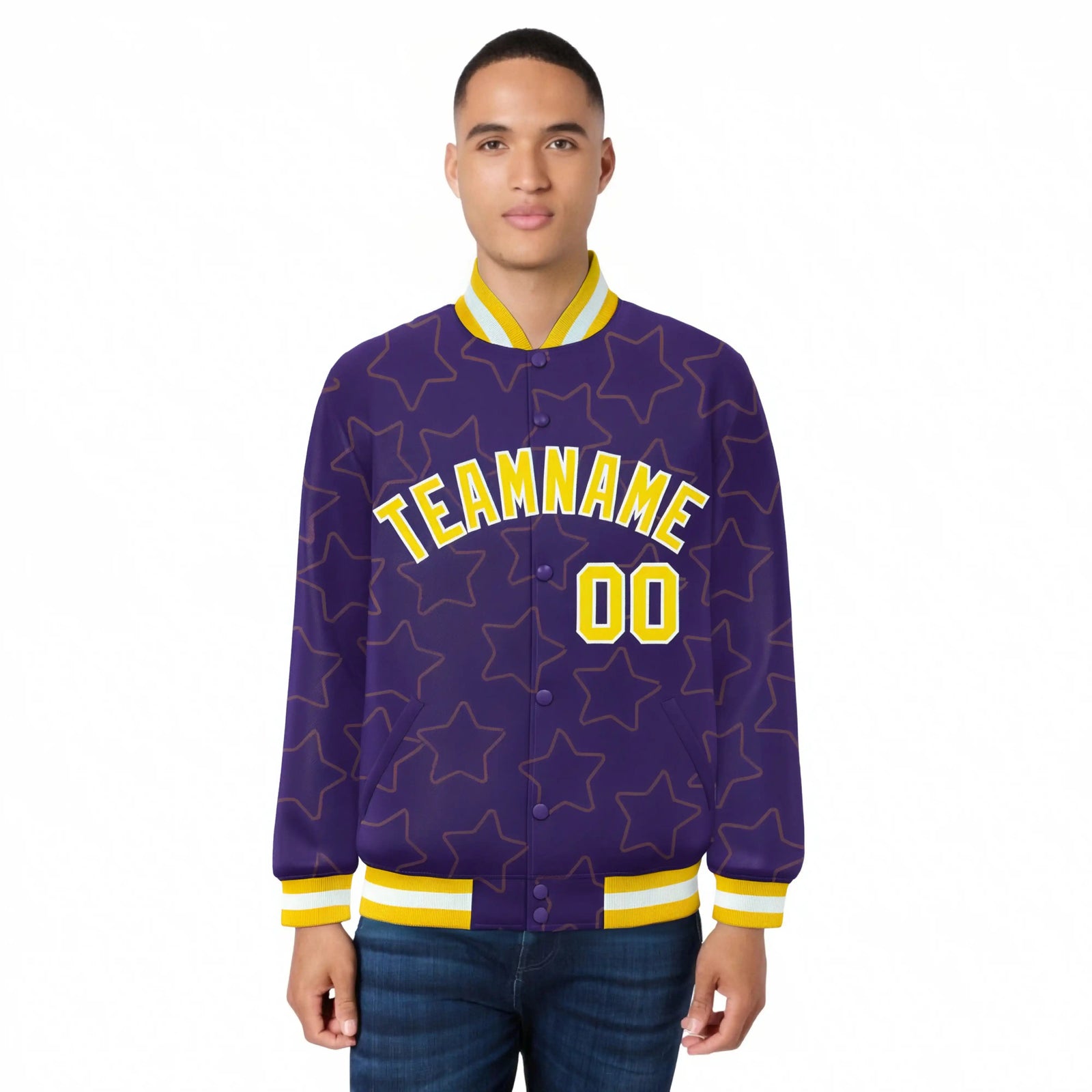Custom Purple Gold-White Varsity Full-Snap Star Pattern Letterman Baseball Jacket