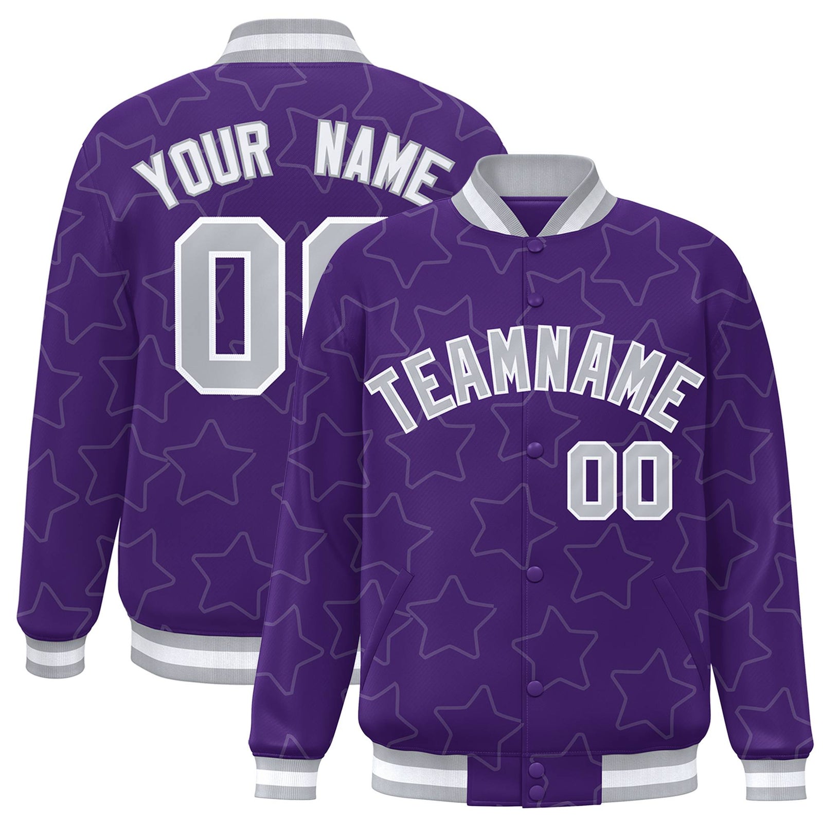 Custom Purple Gray-White Varsity Full-Snap Star Pattern Letterman Baseball Jacket