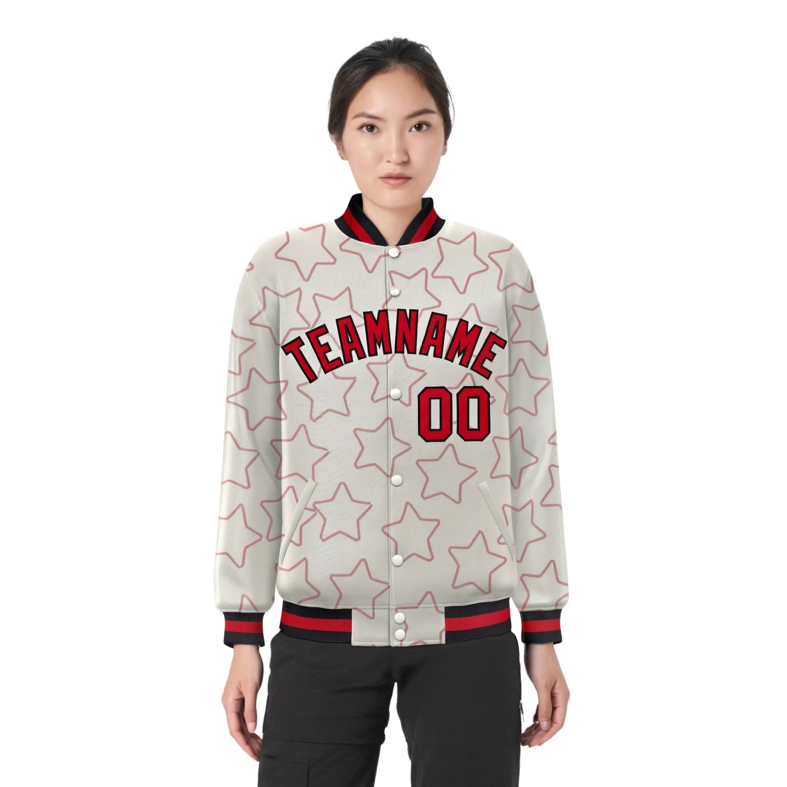 Custom Cream Red-Black Varsity Full-Snap Star Pattern Letterman Baseball Jacket