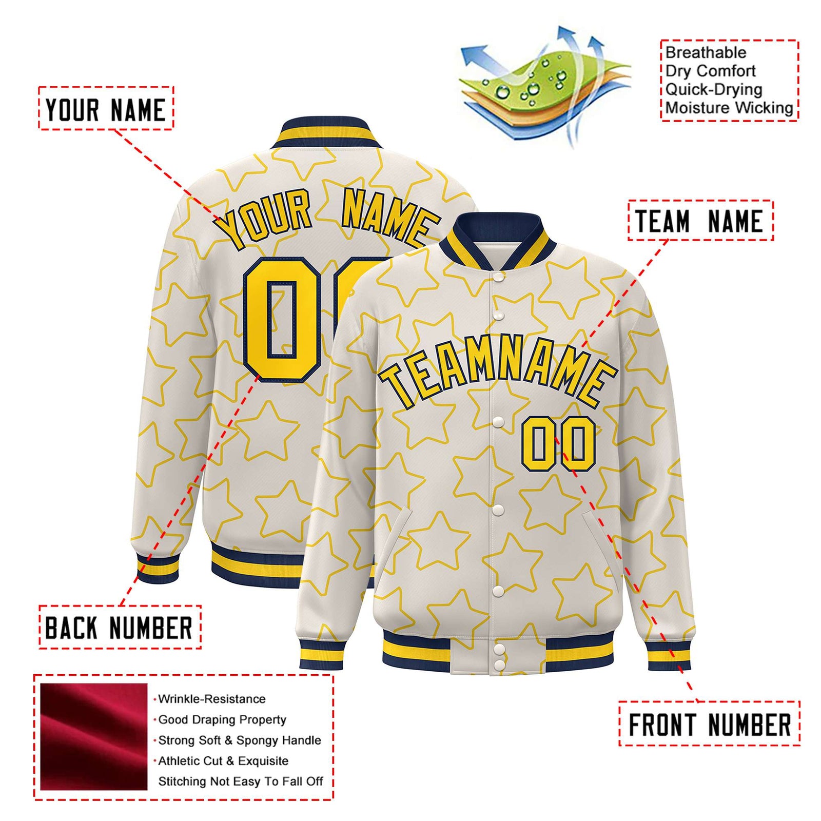 Custom Cream Gold-Navy Varsity Full-Snap Star Pattern Letterman Baseball Jacket