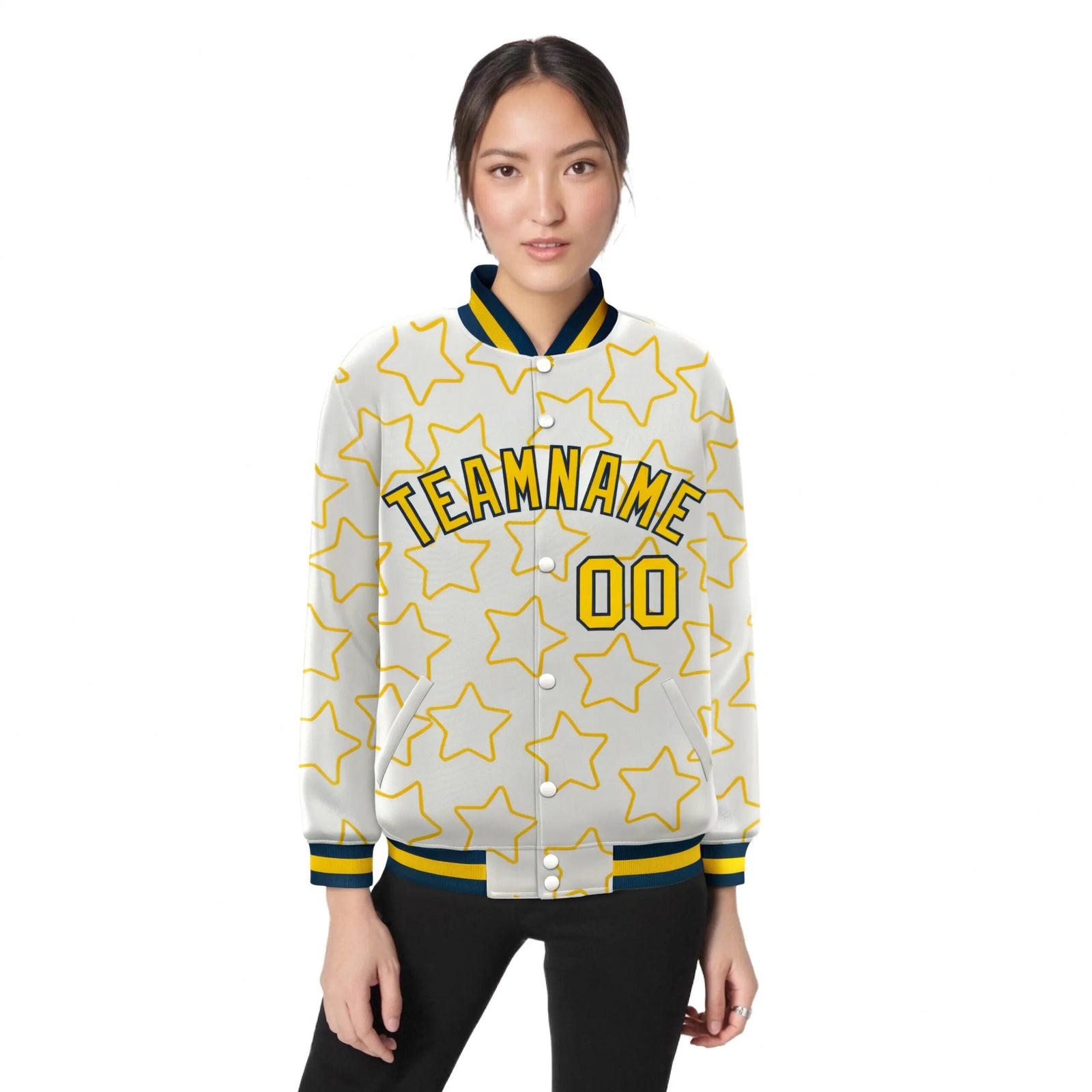 Custom Cream Gold-Navy Varsity Full-Snap Star Pattern Letterman Baseball Jacket