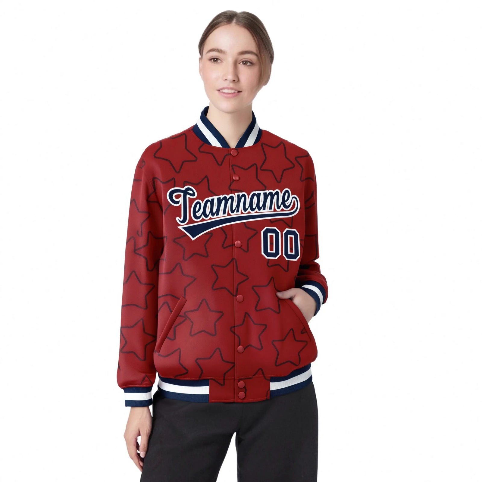 Custom Red Navy Varsity Full-Snap Star Pattern Letterman Baseball Jacket