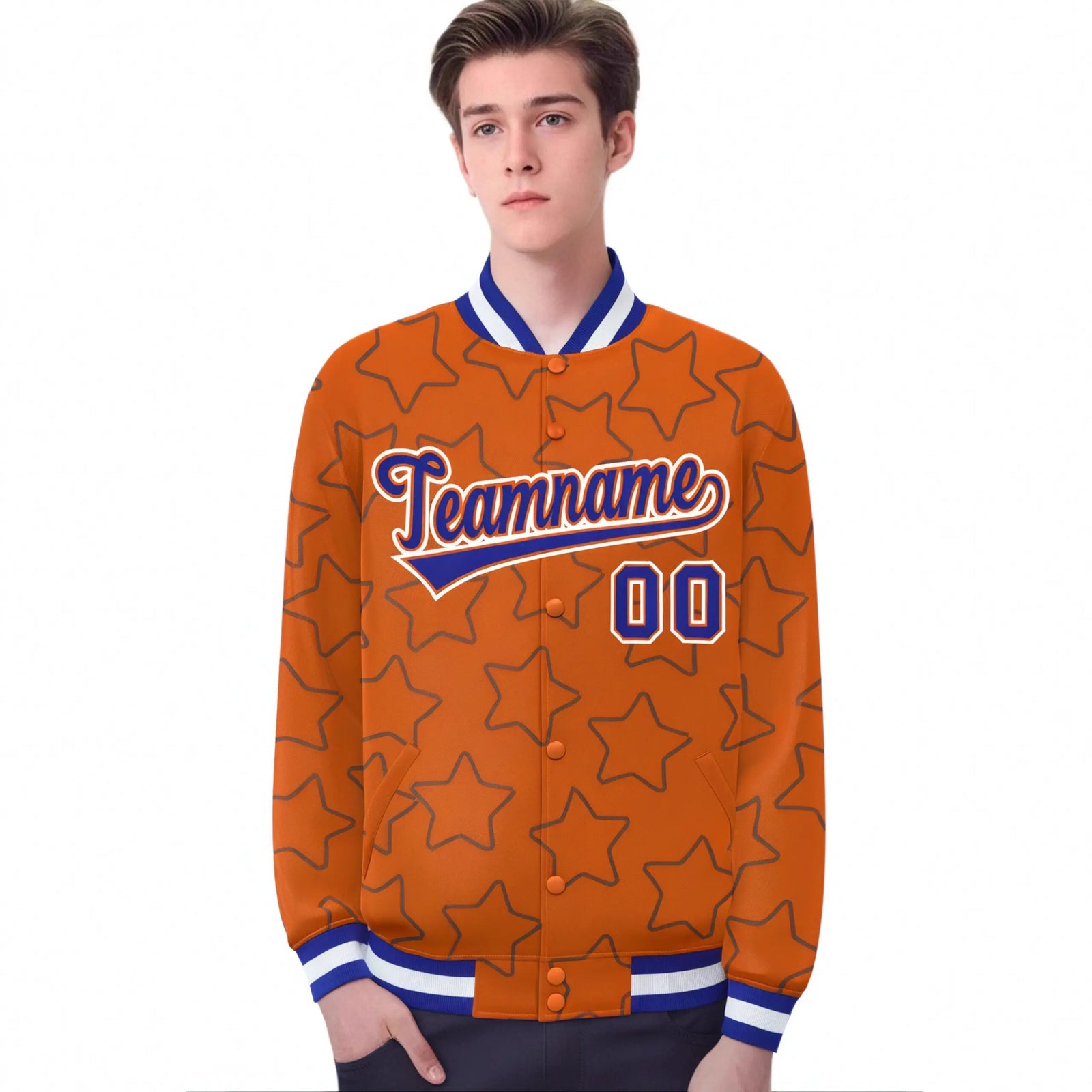 Custom Orange-Royal Blue Varsity Full-Snap Star Pattern Letterman Baseball Jacket