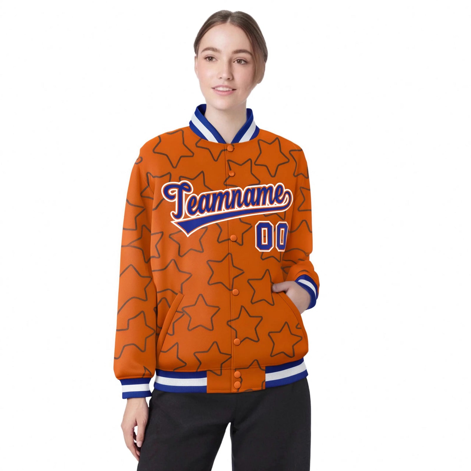 Custom Orange-Royal Blue Varsity Full-Snap Star Pattern Letterman Baseball Jacket