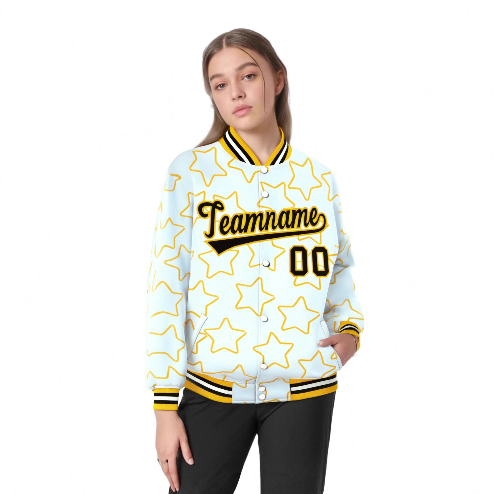 Custom White Black Varsity Full-Snap Star Pattern Letterman Baseball Jacket