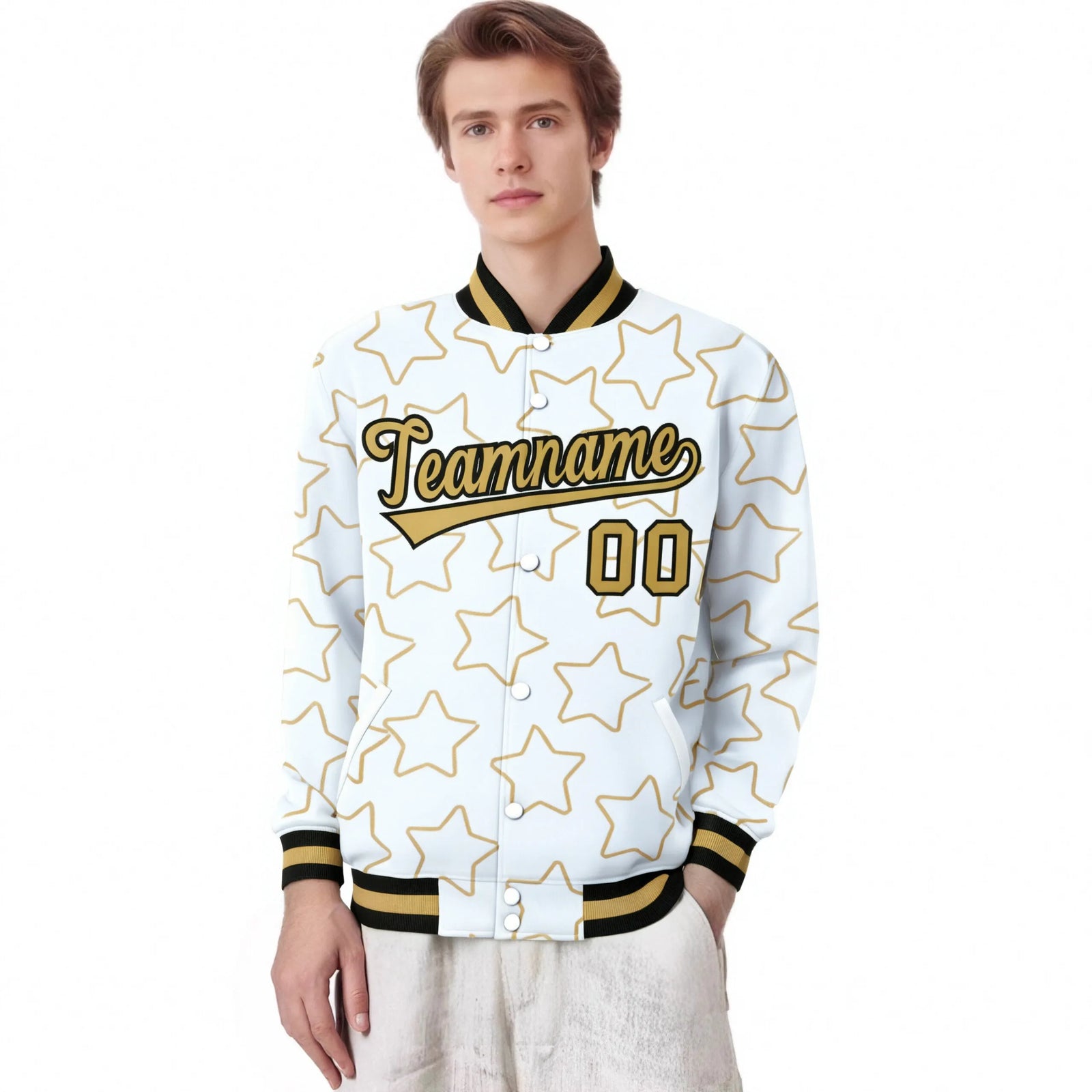 Custom White-Old Gold Varsity Full-Snap Star Pattern Letterman Baseball Jacket