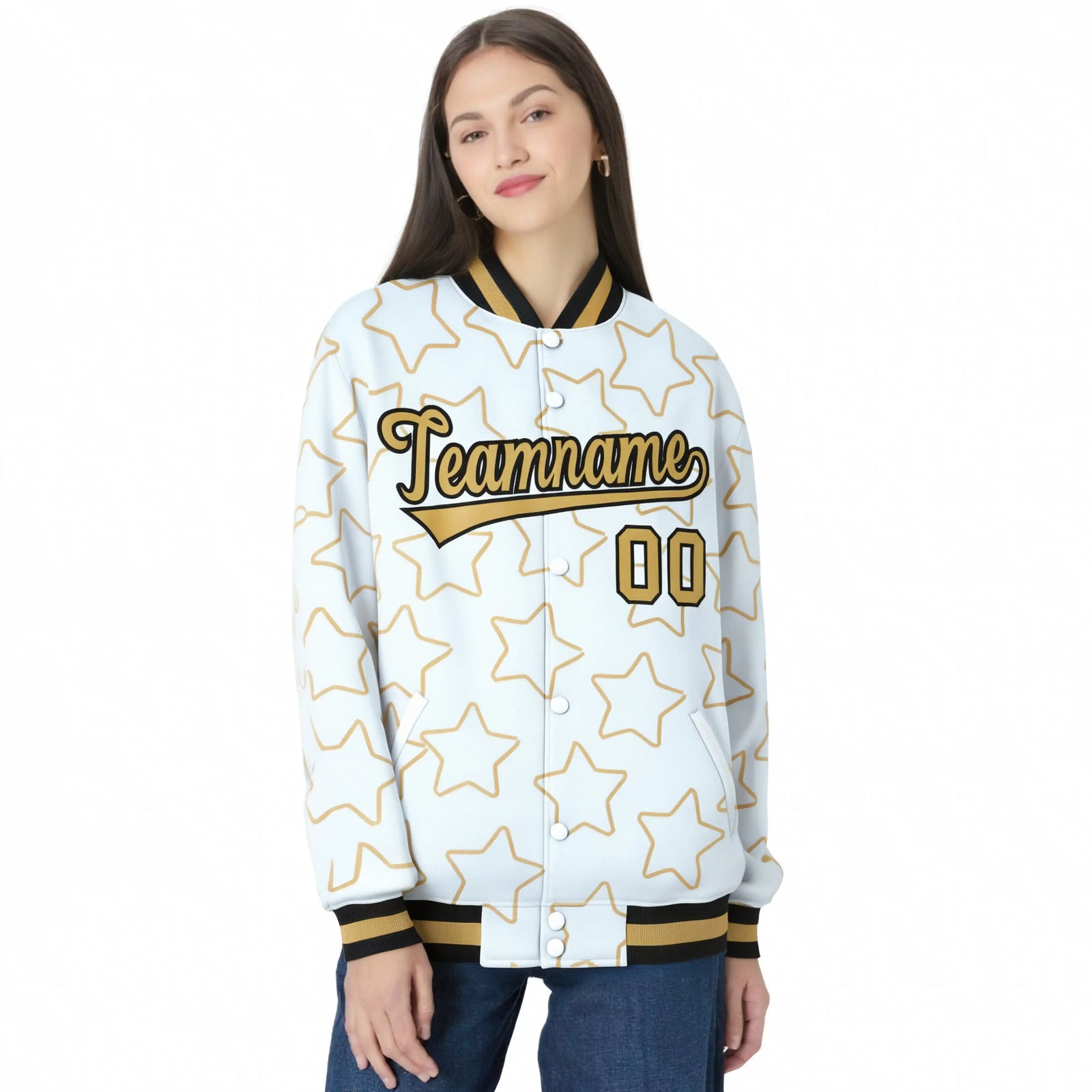 Custom White-Old Gold Varsity Full-Snap Star Pattern Letterman Baseball Jacket