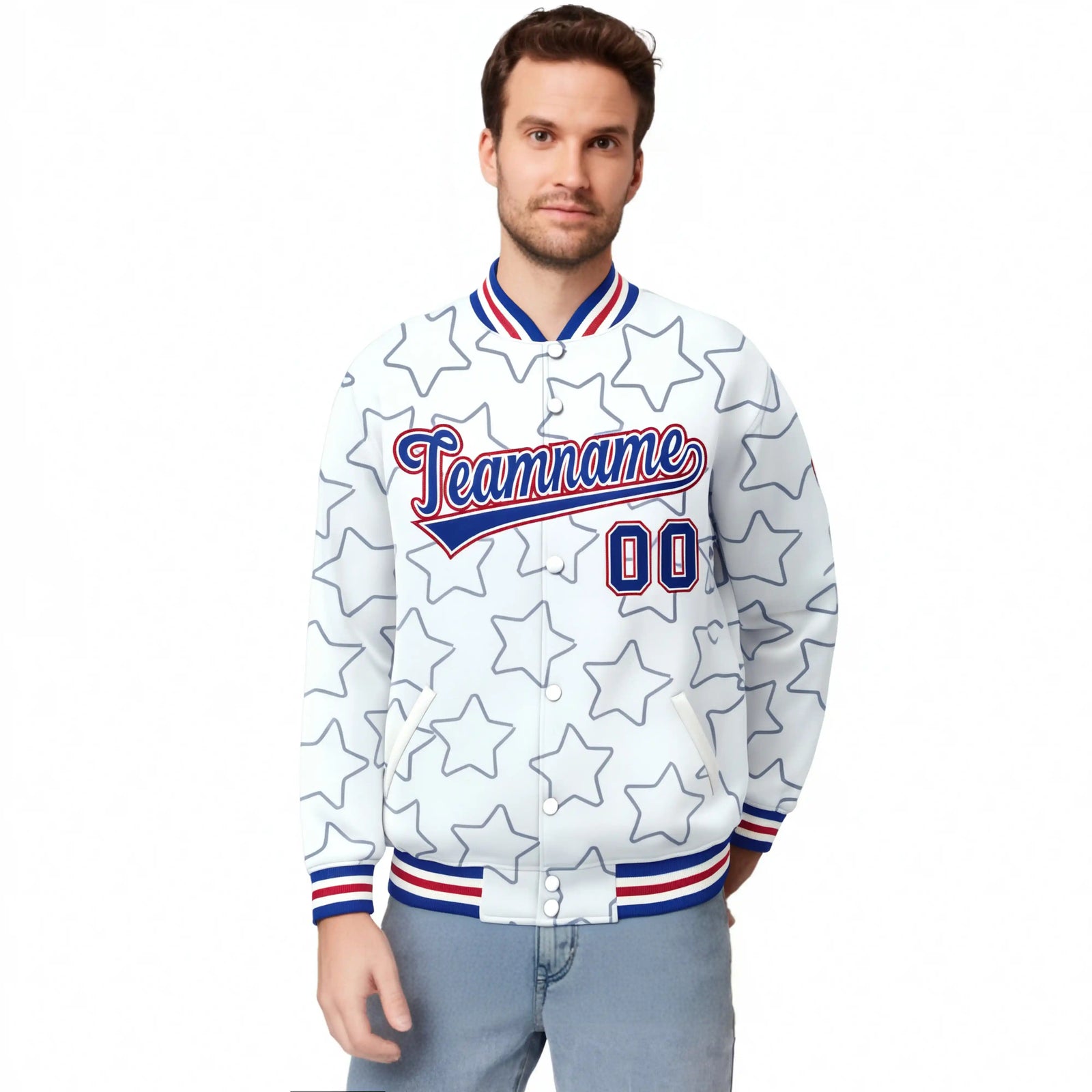 Custom White Royal Blue-Royal Blue Varsity Full-Snap Star Pattern Letterman Baseball Jacket