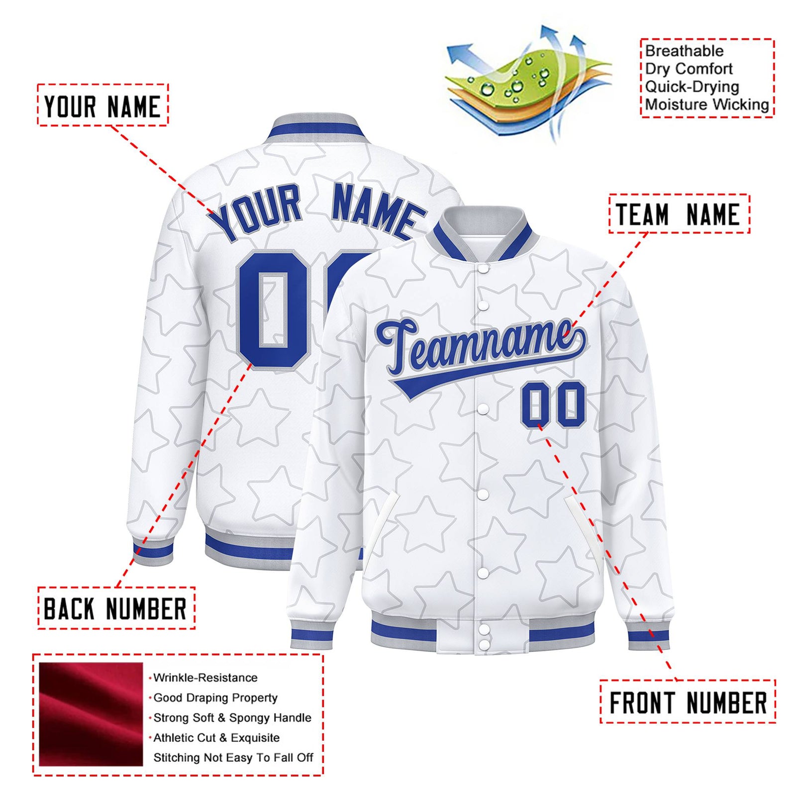 Custom White Royal Blue-Gray Varsity Full-Snap Star Pattern Letterman Baseball Jacket