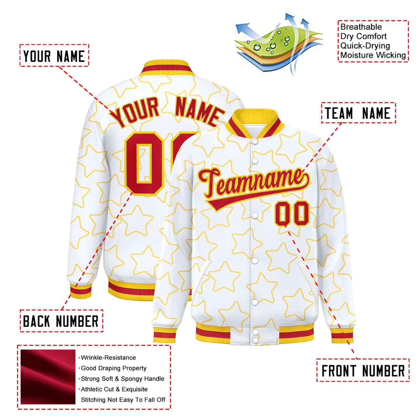 Custom White Red-Gold Varsity Full-Snap Star Pattern Letterman Baseball Jacket
