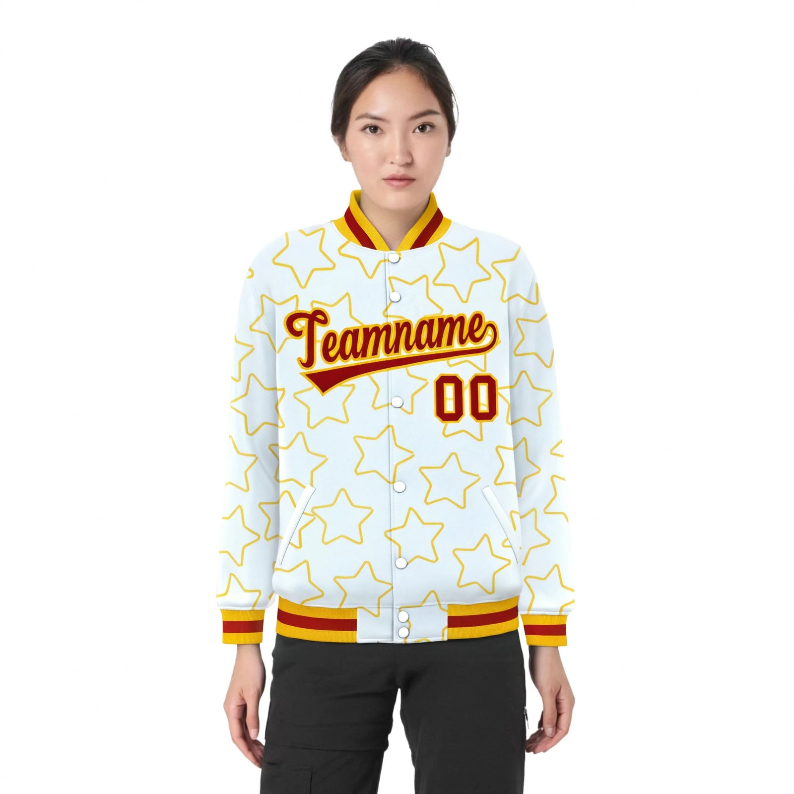 Custom White Red-Gold Varsity Full-Snap Star Pattern Letterman Baseball Jacket
