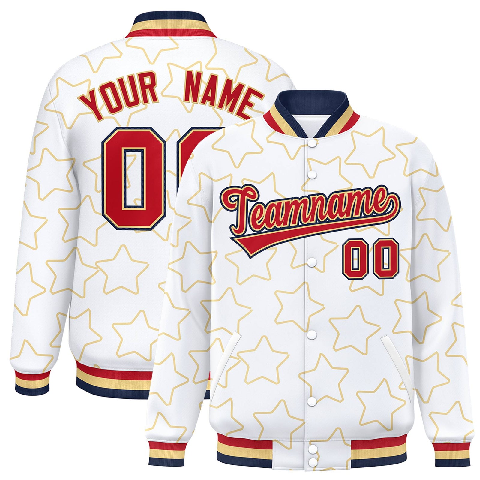 Custom White Red-Navy Varsity Full-Snap Star Pattern Letterman Baseball Jacket