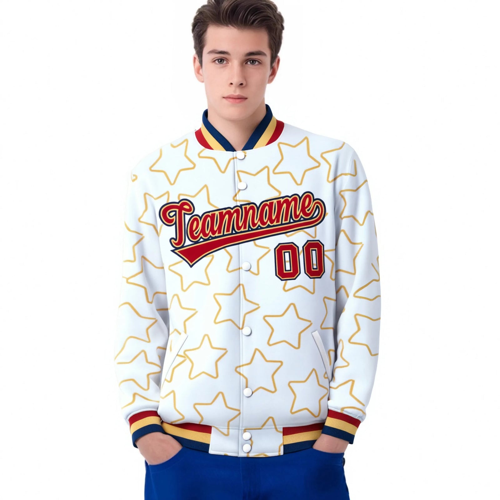 Custom White Red-Navy Varsity Full-Snap Star Pattern Letterman Baseball Jacket