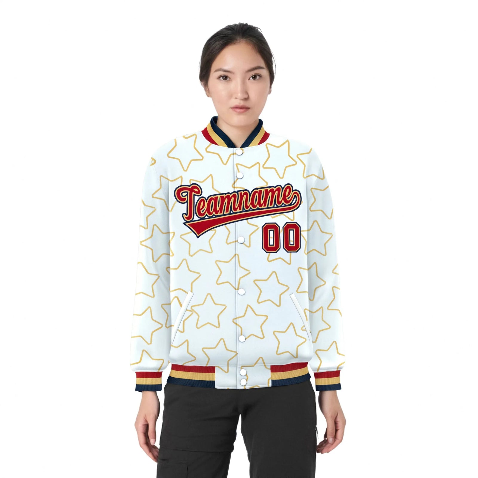 Custom White Red-Navy Varsity Full-Snap Star Pattern Letterman Baseball Jacket
