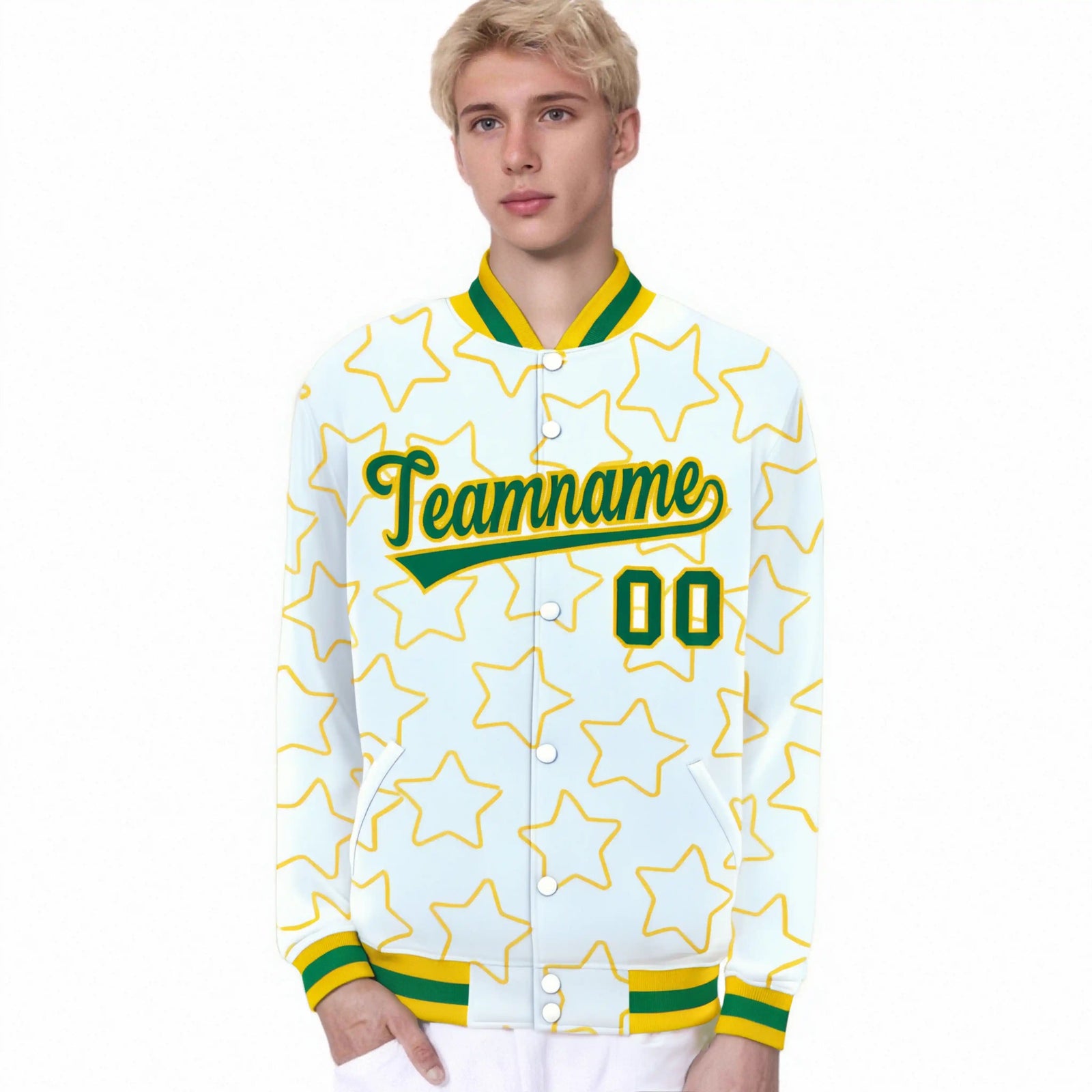 Custom White Neon Green-Gold Varsity Full-Snap Star Pattern Letterman Baseball Jacket