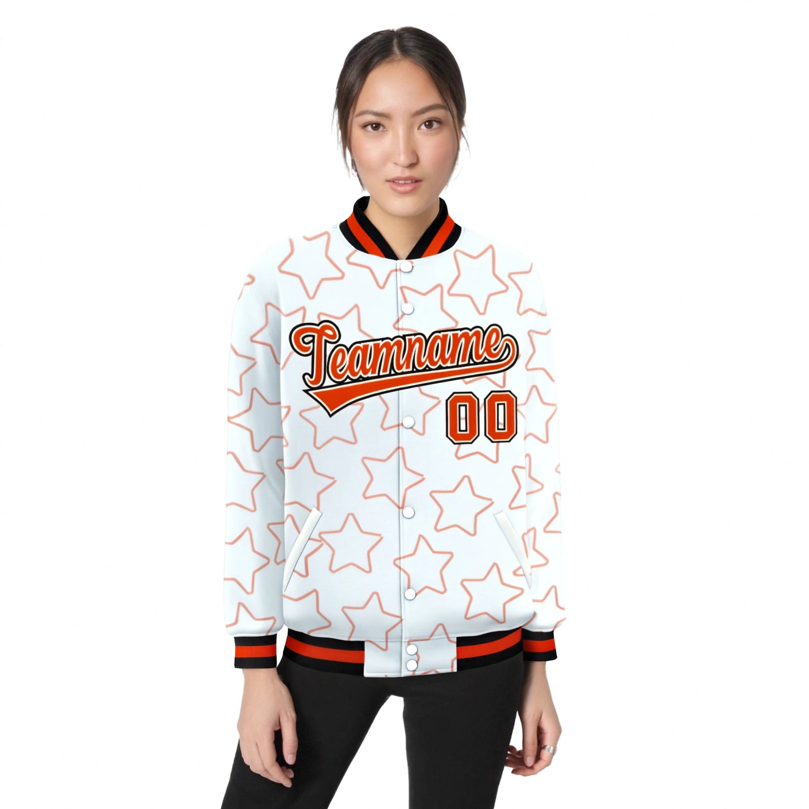 Custom White Orange-Black Varsity Full-Snap Star Pattern Letterman Baseball Jacket