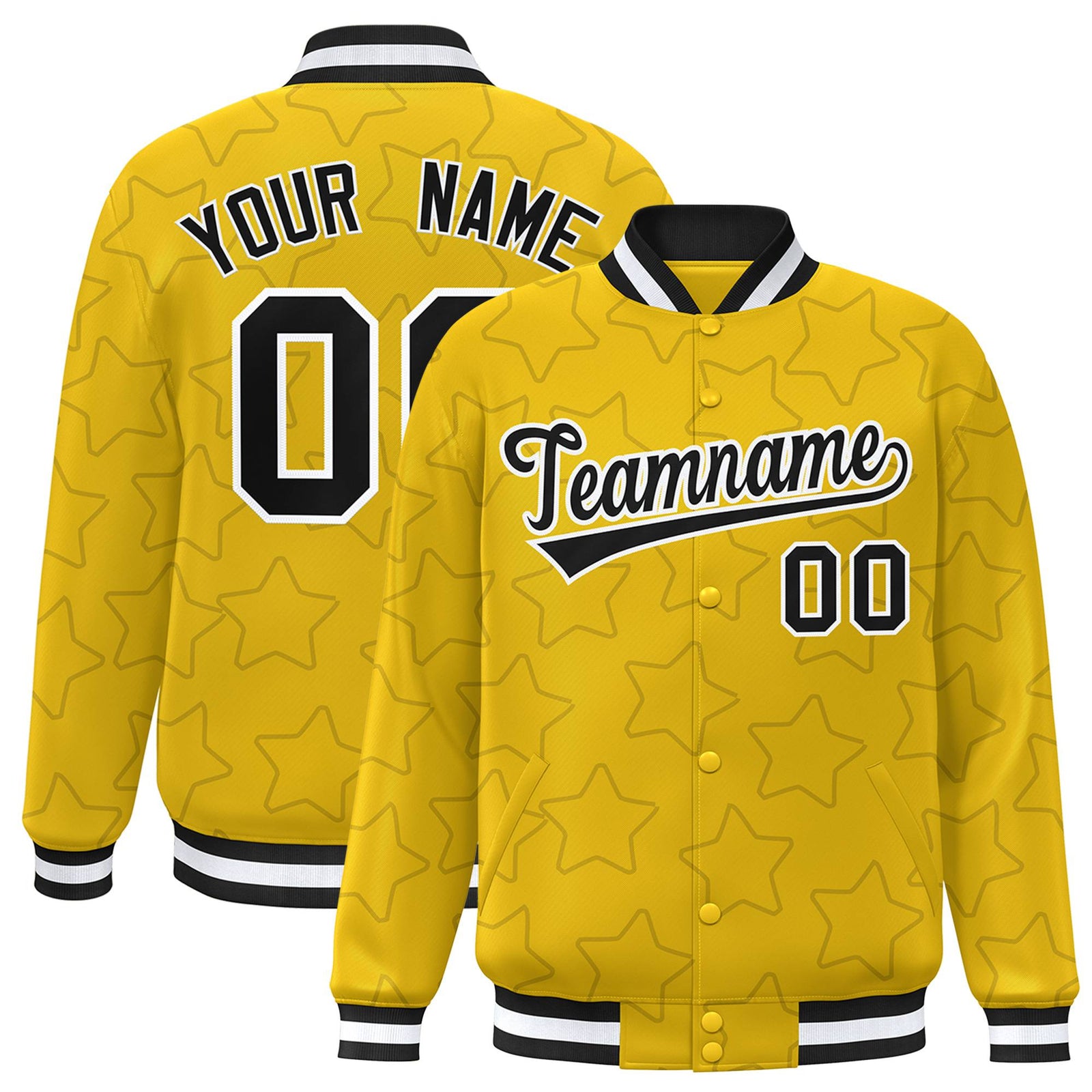 Custom Gold Black-White Varsity Full-Snap Star Pattern Letterman Baseball Jacket