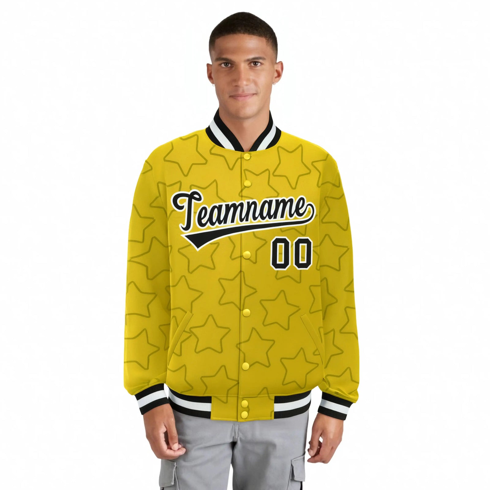Custom Gold Black-White Varsity Full-Snap Star Pattern Letterman Baseball Jacket