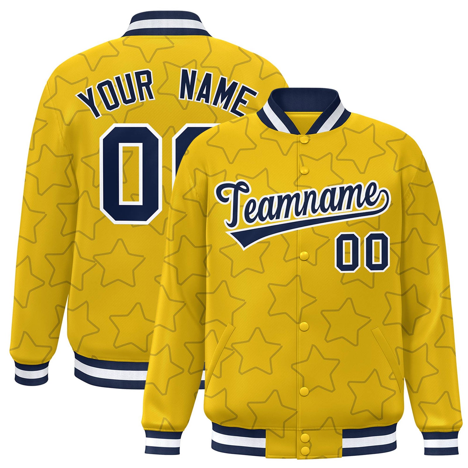 Custom Gold Navy-White Varsity Full-Snap Star Pattern Letterman Baseball Jacket