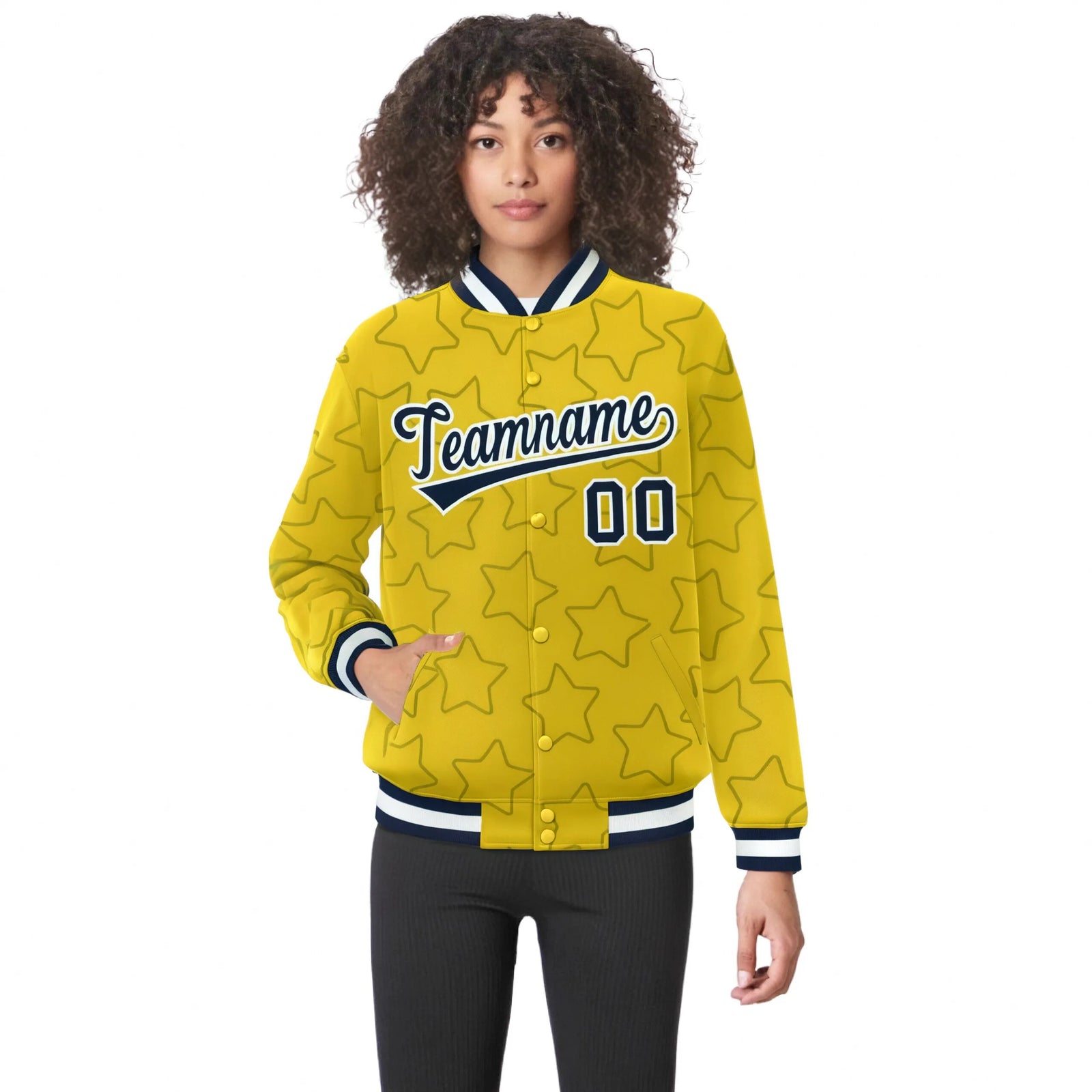 Custom Gold Navy-White Varsity Full-Snap Star Pattern Letterman Baseball Jacket