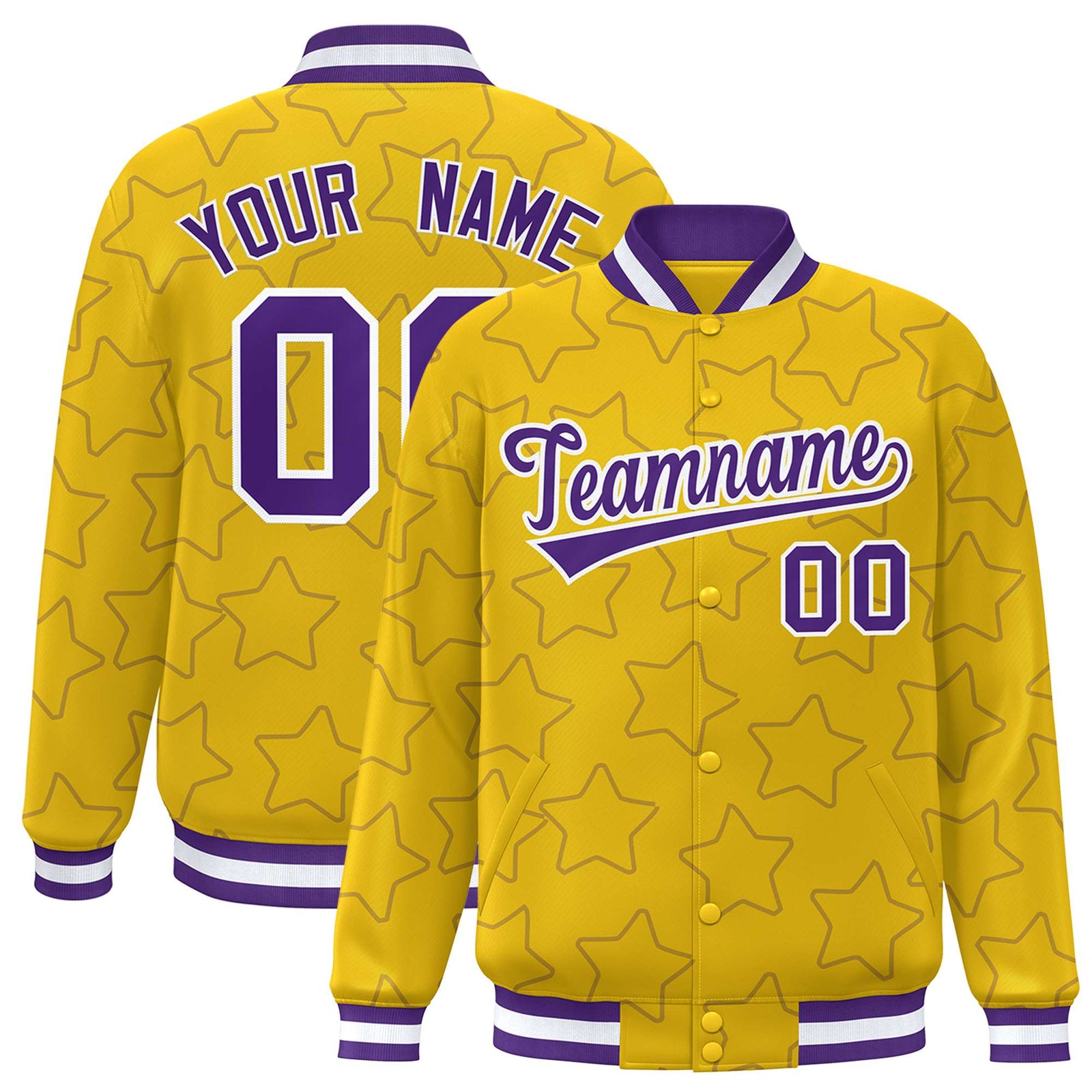 Custom Gold Purple-White Varsity Full-Snap Star Pattern Letterman Baseball Jacket