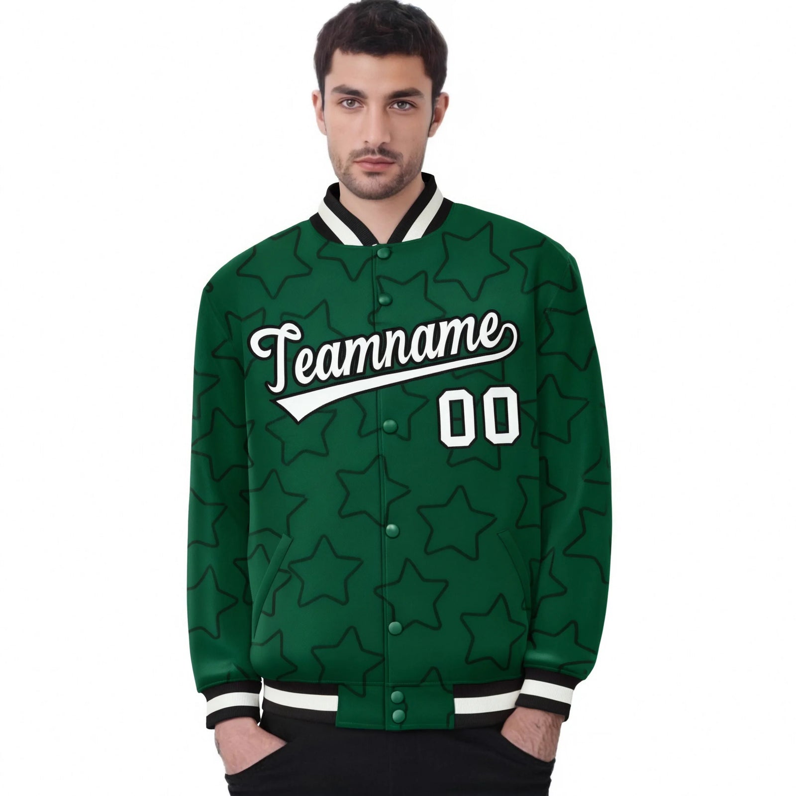 Custom Green White-Black Varsity Full-Snap Star Pattern Letterman Baseball Jacket