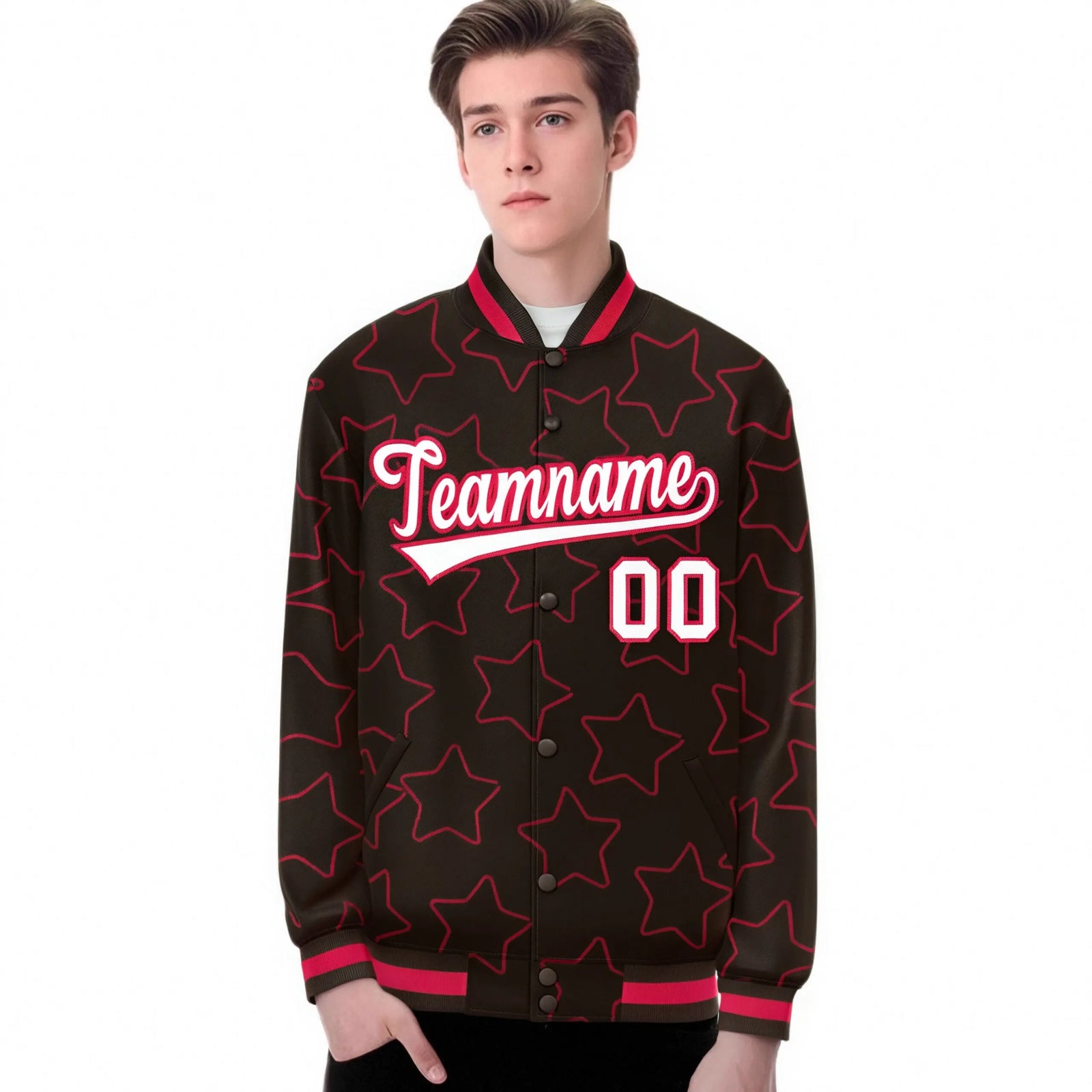 Custom Brown White-Red Varsity Full-Snap Star Pattern Letterman Baseball Jacket