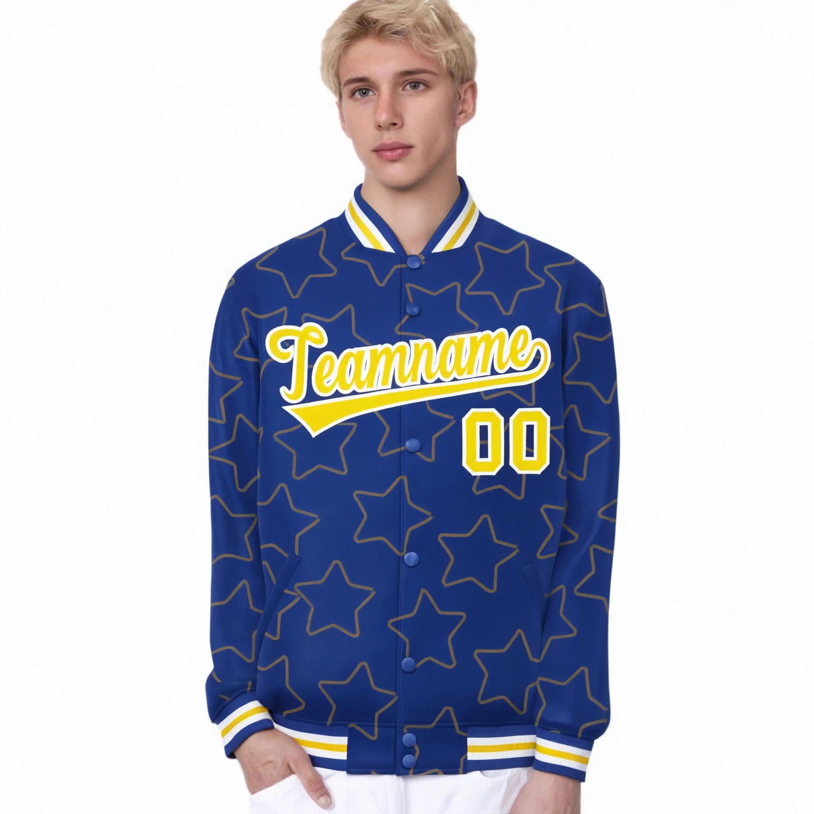 Custom Royal Blue Gold-White Varsity Full-Snap Star Pattern Letterman Baseball Jacket