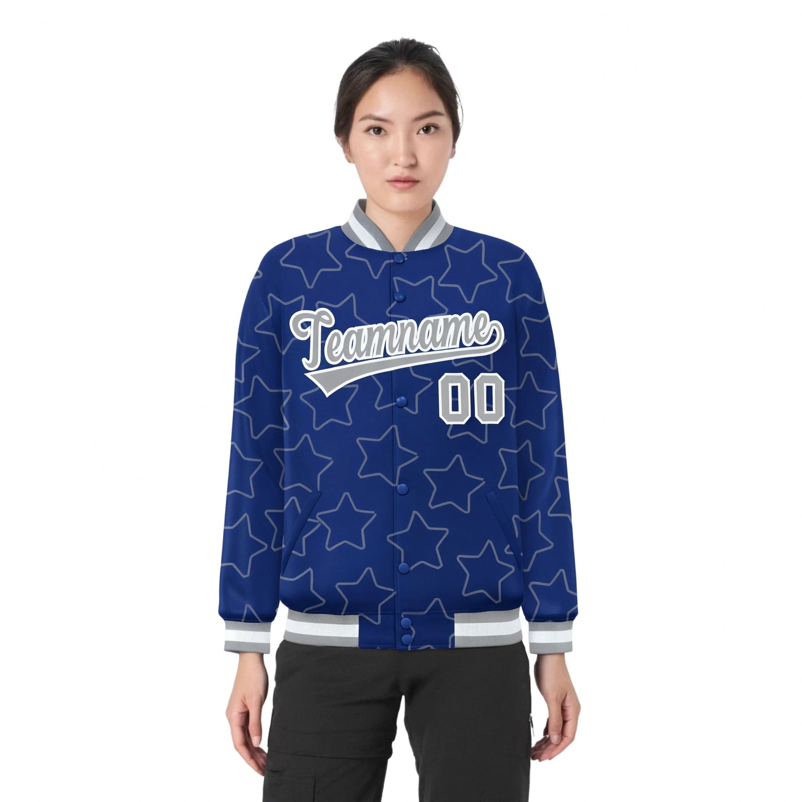 Custom Royal Blue Gray-White Varsity Full-Snap Star Pattern Letterman Baseball Jacket
