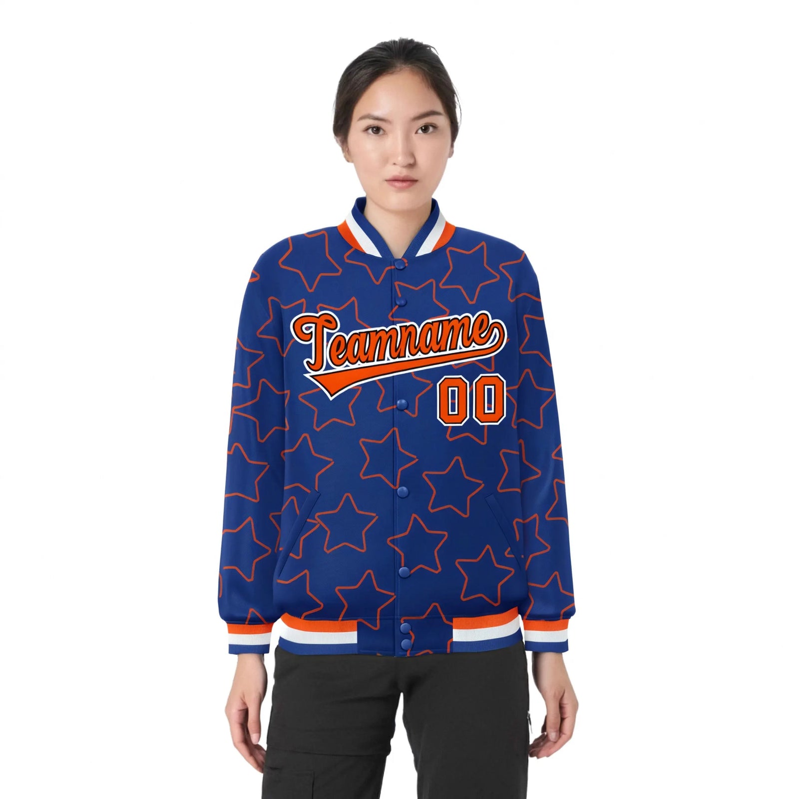 Custom Royal Blue Orange Varsity Full-Snap Star Pattern Letterman Baseball Jacket