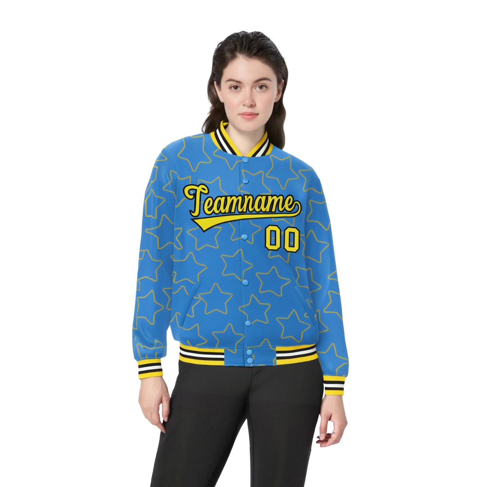 Custom Powder Blue Gold-Black Varsity Full-Snap Star Pattern Letterman Baseball Jacket