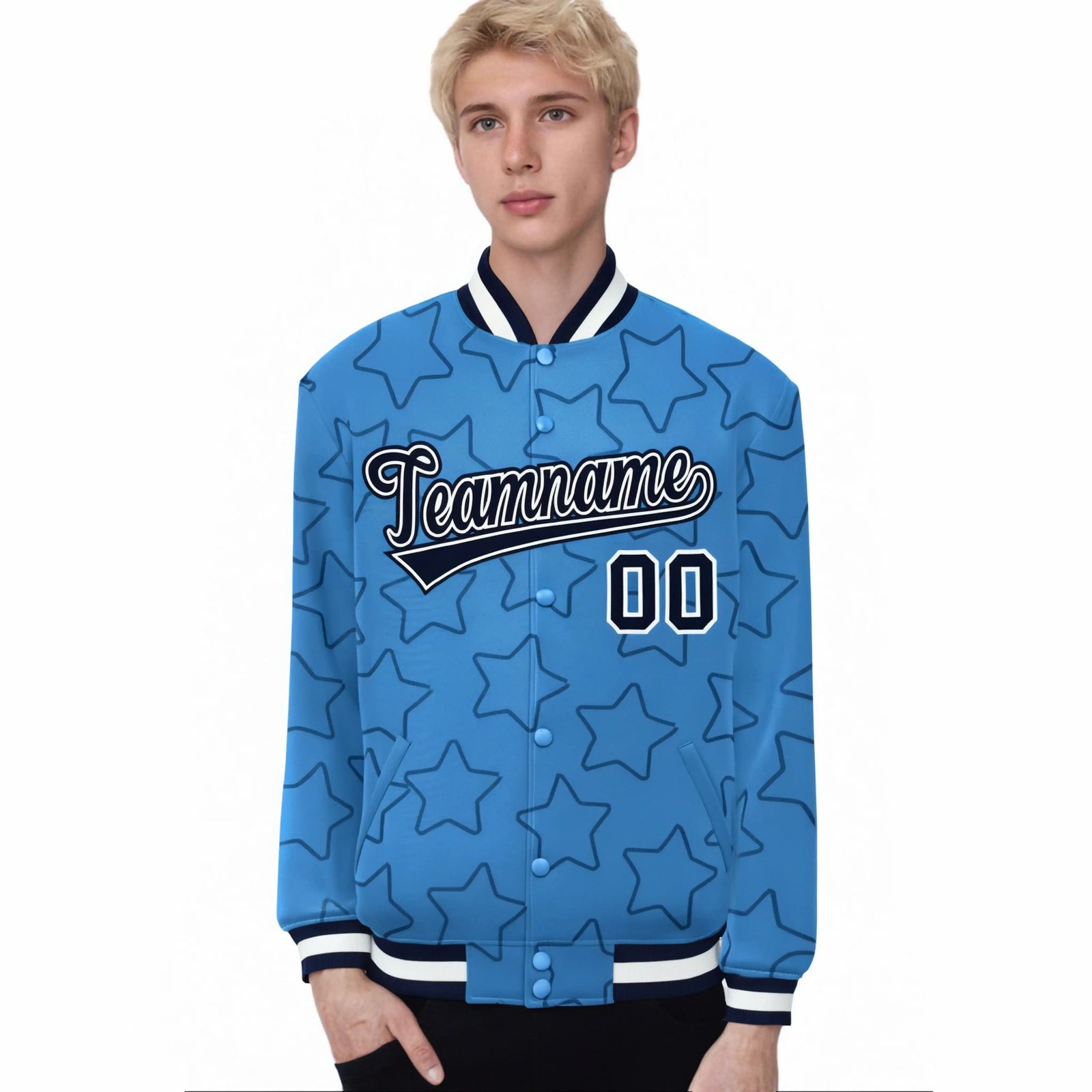 Custom Powder Blue Navy-White Varsity Full-Snap Star Pattern Letterman Baseball Jacket