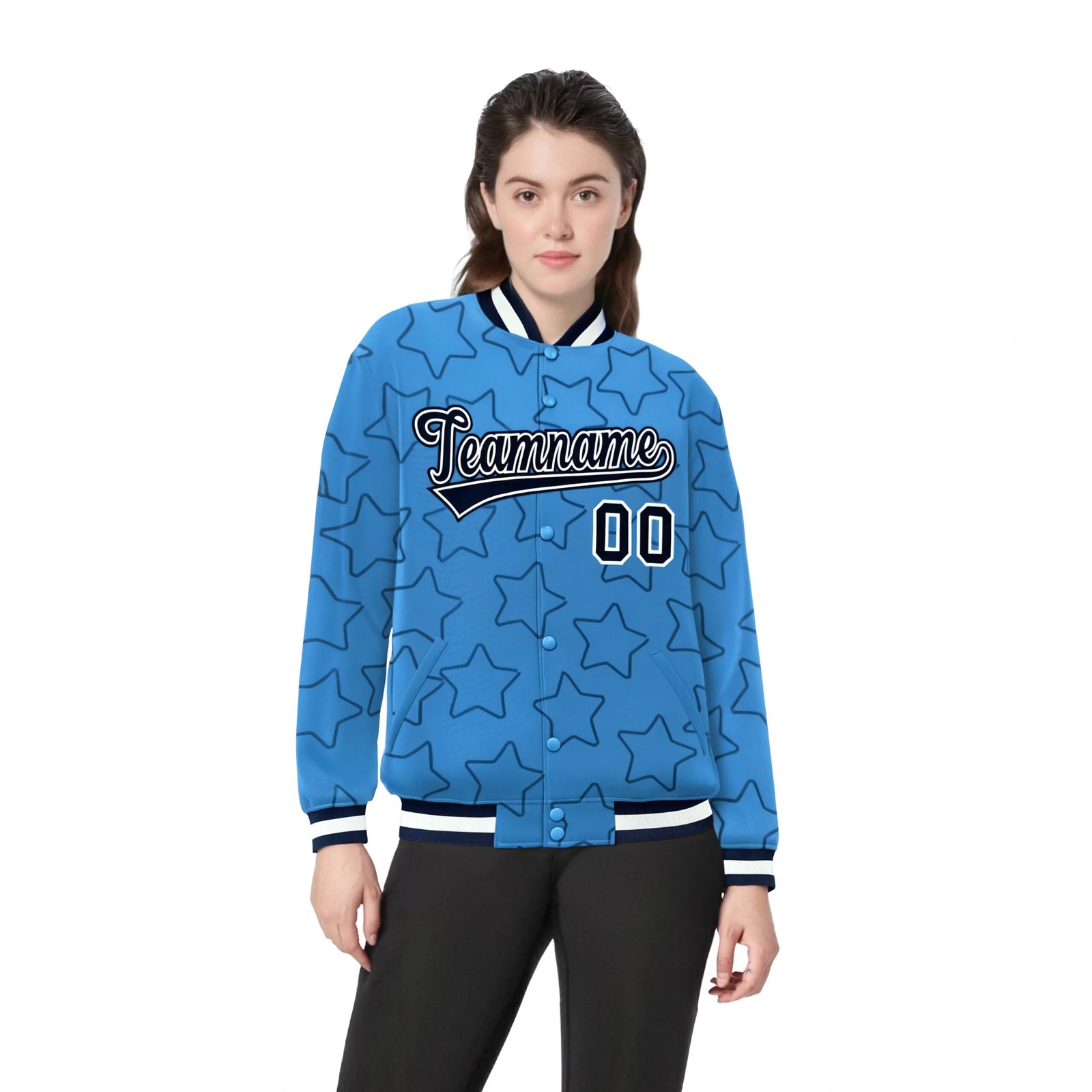 Custom Powder Blue Navy-White Varsity Full-Snap Star Pattern Letterman Baseball Jacket