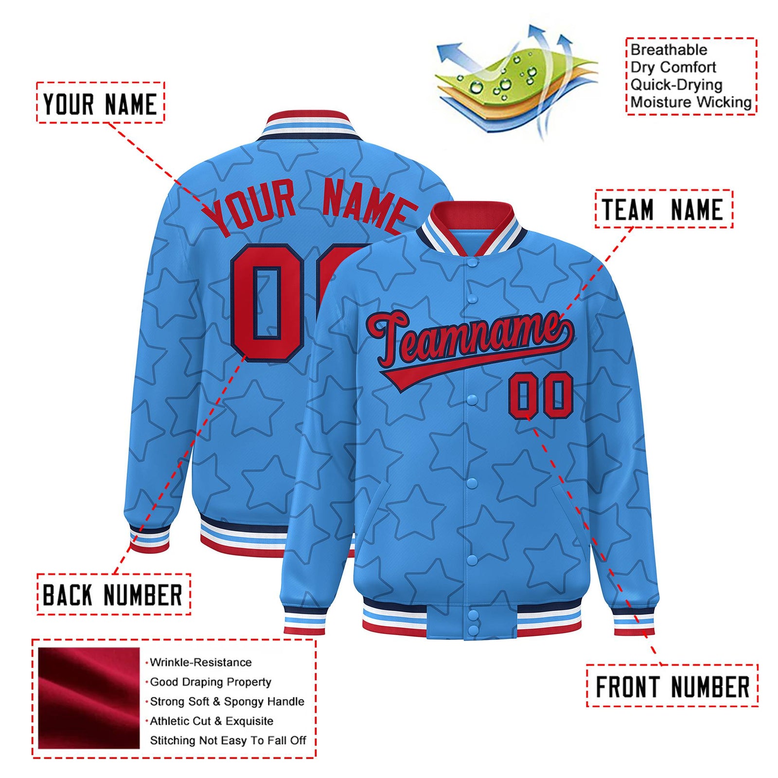 Custom Powder Blue Red-Navy Varsity Full-Snap Star Pattern Letterman Baseball Jacket