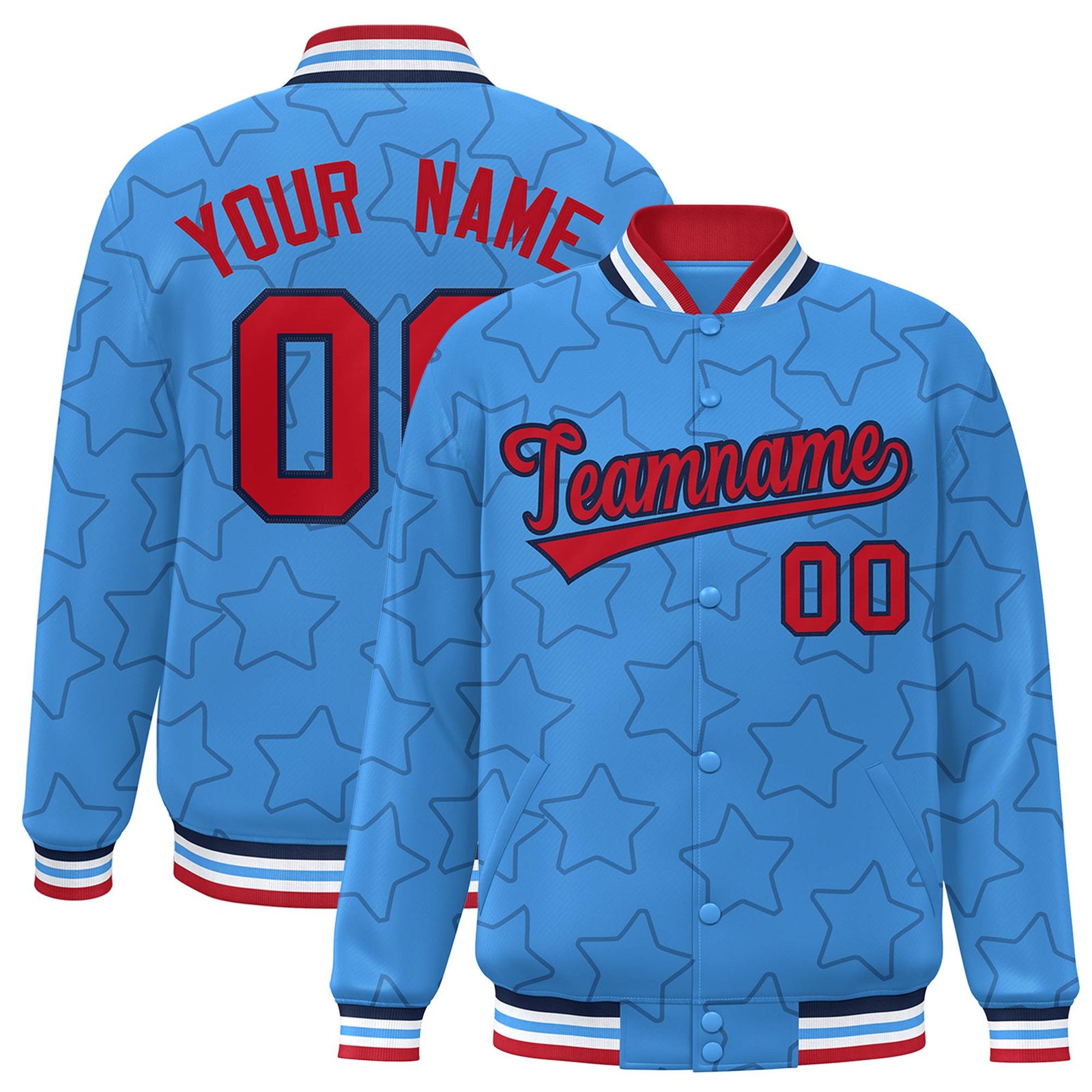 Custom Powder Blue Red-Navy Varsity Full-Snap Star Pattern Letterman Baseball Jacket