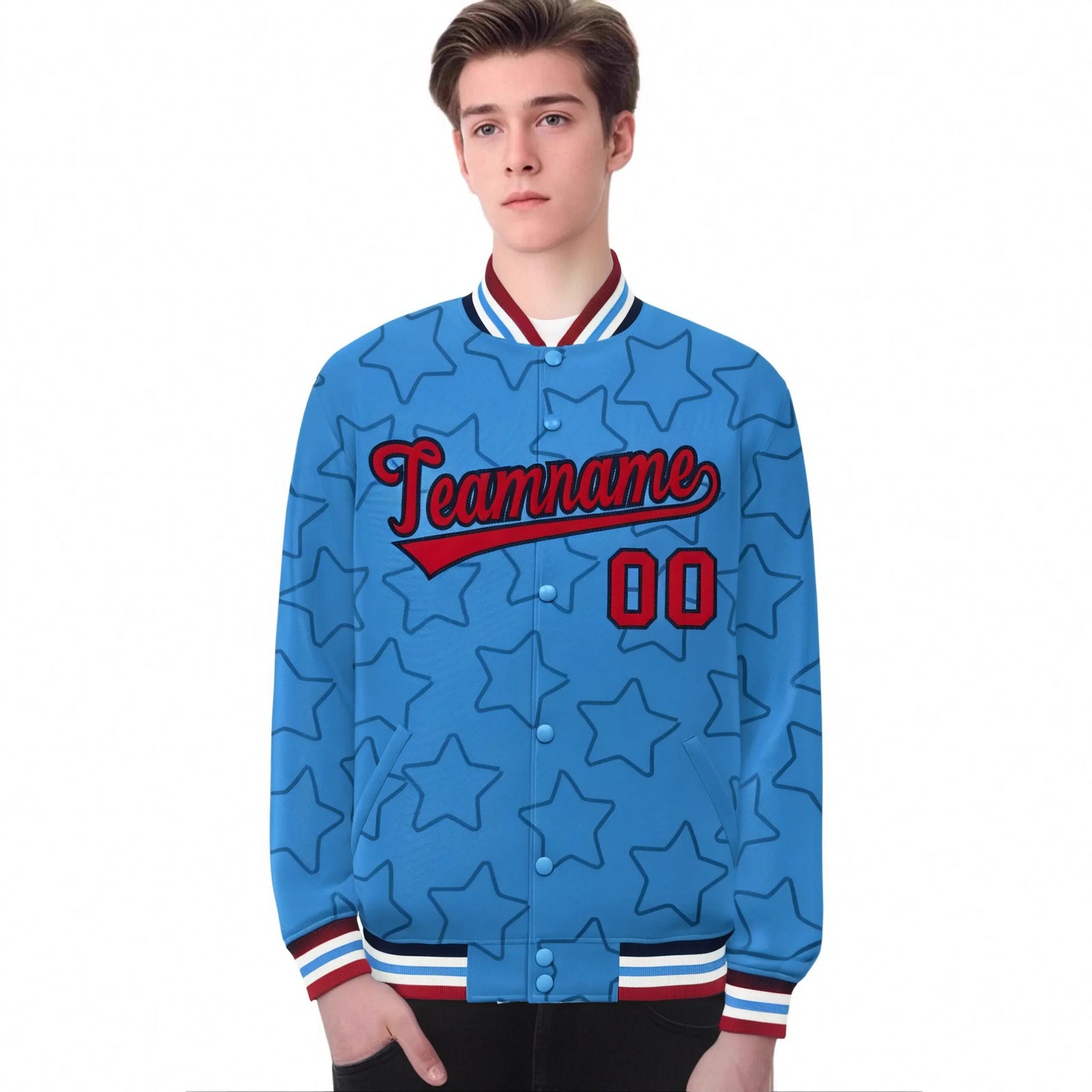 Custom Powder Blue Red-Navy Varsity Full-Snap Star Pattern Letterman Baseball Jacket