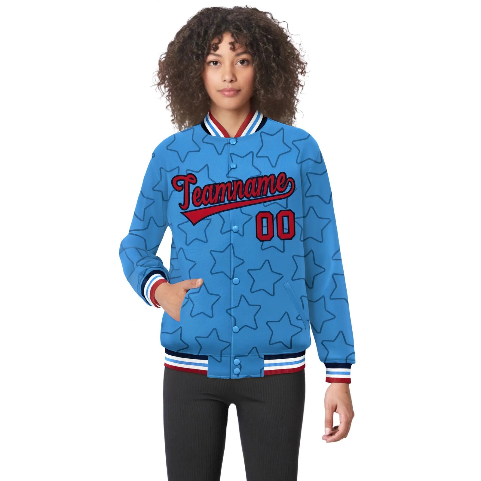 Custom Powder Blue Red-Navy Varsity Full-Snap Star Pattern Letterman Baseball Jacket