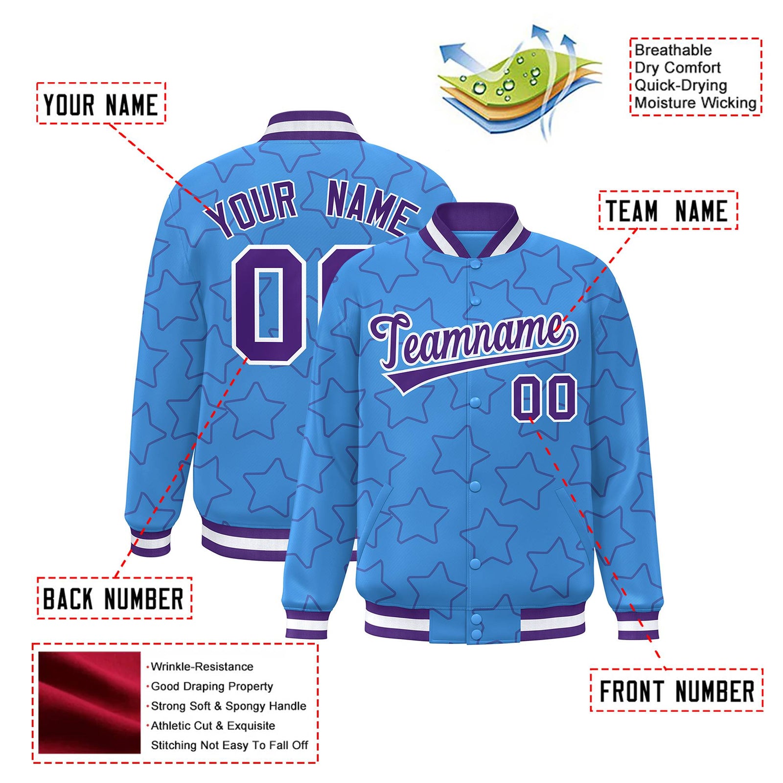 Custom Powder Blue Purple-White Varsity Full-Snap Star Pattern Letterman Baseball Jacket